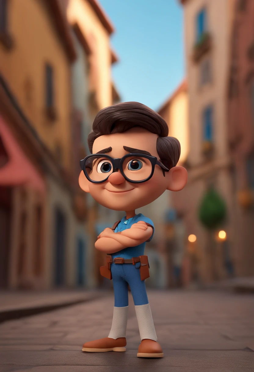 Cartoon character of a man wearing black glasses and a blue shirt, um personagem animado, Caractere estilizado, animation style rendering, 3D estilizado, Arnold Maya render, 3 d render stylized, toon render keyshot, Personagem 3D, Personagem 3D, 3d rendering stylized, 3 d character render, personagem de desenho animado, Personagem de close up, Pose de personagem, (Estilo Pixar) (master part:1.2) (Bokeh) (best quality) (pele detalhada) (textura detalhada) (8k) (argila) (Cinematic lighting) (sharp focus，Senta e vaza a parte superior do corpo