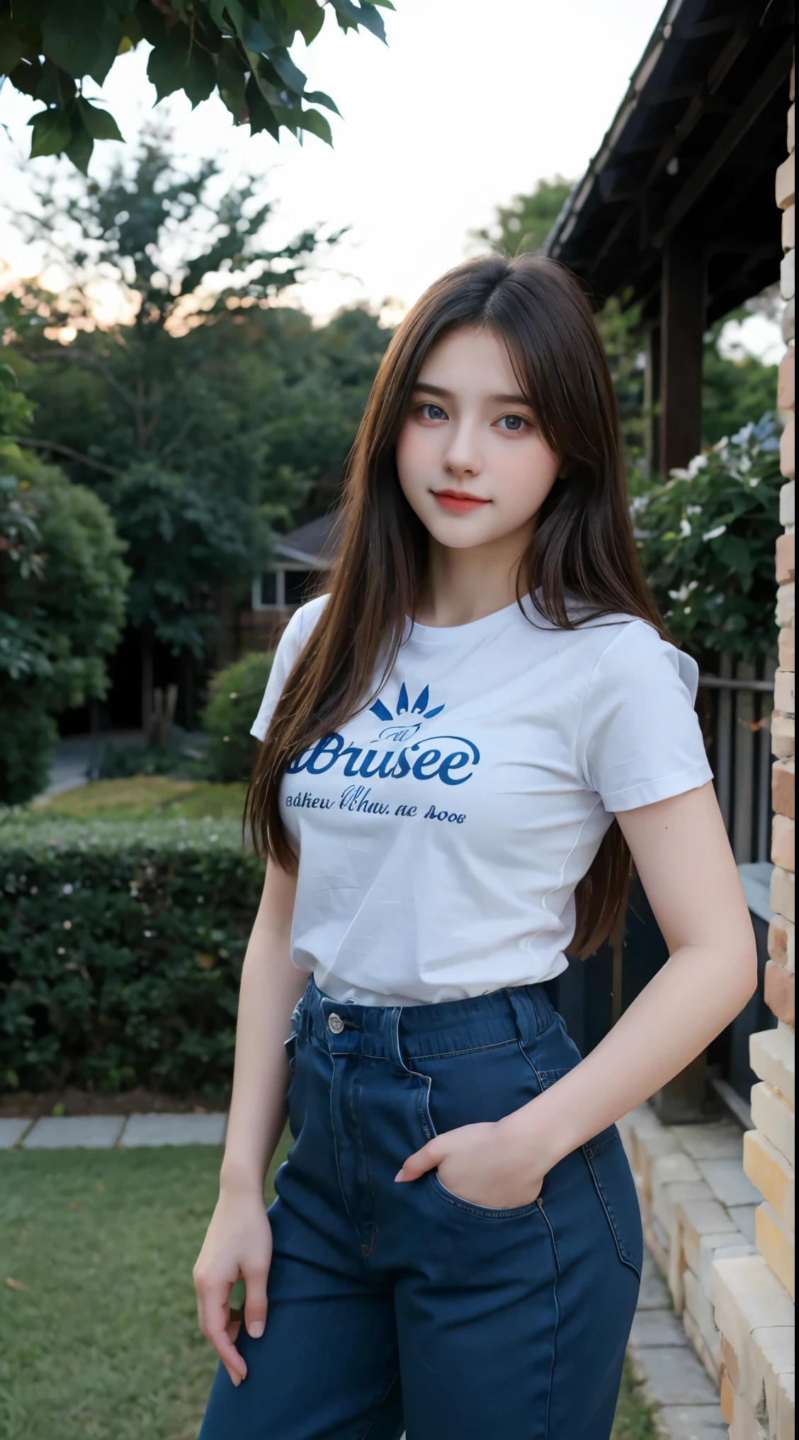 Gorgeus Girl, Beautiful, Baby Face, 20 Years Old, White Skin, Beside, Sexy Pose, dark blue t-shirt, Blue Eye, Bokeh, front yard of the house Background, Masterpiece, Fullbody Shot, long pants,