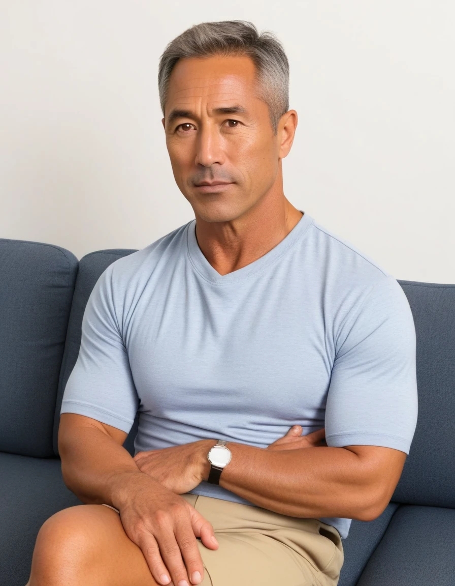 40 years old,Hidetoshi Nakata,(Kogoro Mori 1.3),whole body,Lean,muscle,office,grey socks,Suit,Feet raised,sofa,Baldhead ,transparent,Thick body hair,underwear,Topless,Densely hairy,Fortitude,HD,With a mustache