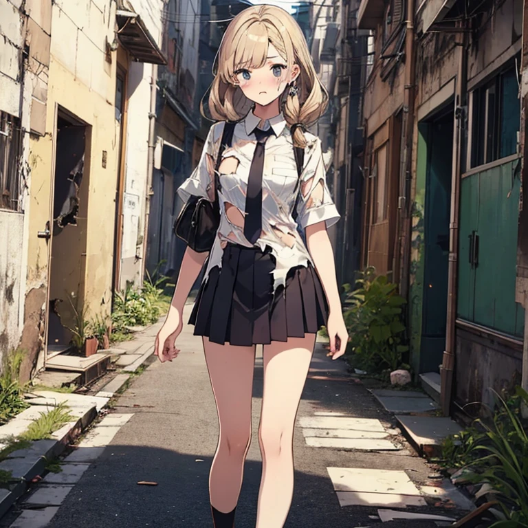 A group of female students, (in alley way), various hair styles, harem, post apocalyptic, details face, short skirt, seducing, school uniforms, dirty body, shattered glass, torn clothing, ruins