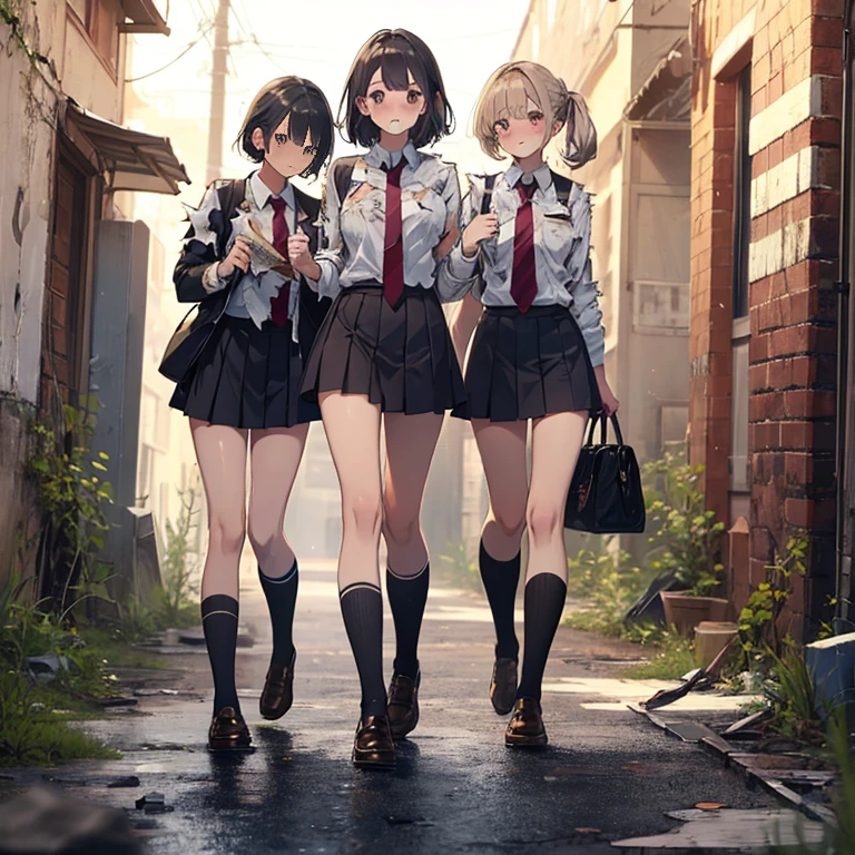 A group of female students, (in alley way), various hair styles, harem, post apocalyptic, details face, short skirt, seducing, school uniforms, dirty body, shattered glass, torn clothing, ruins