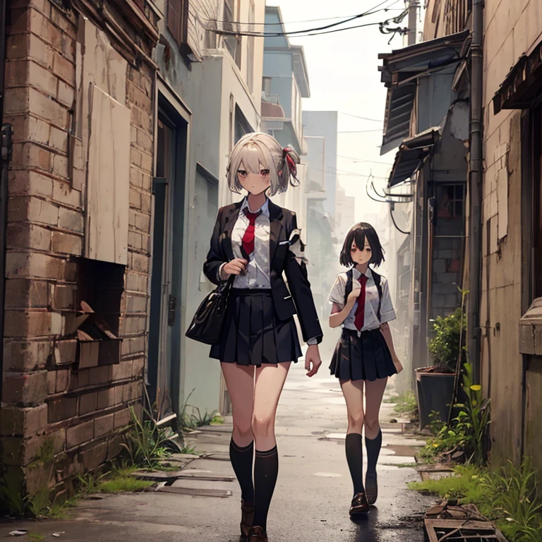 A group of female students, (in alley way), various hair styles, harem, post apocalyptic, details face, short skirt, seducing, school uniforms, dirty body, shattered glass, torn clothing, ruins