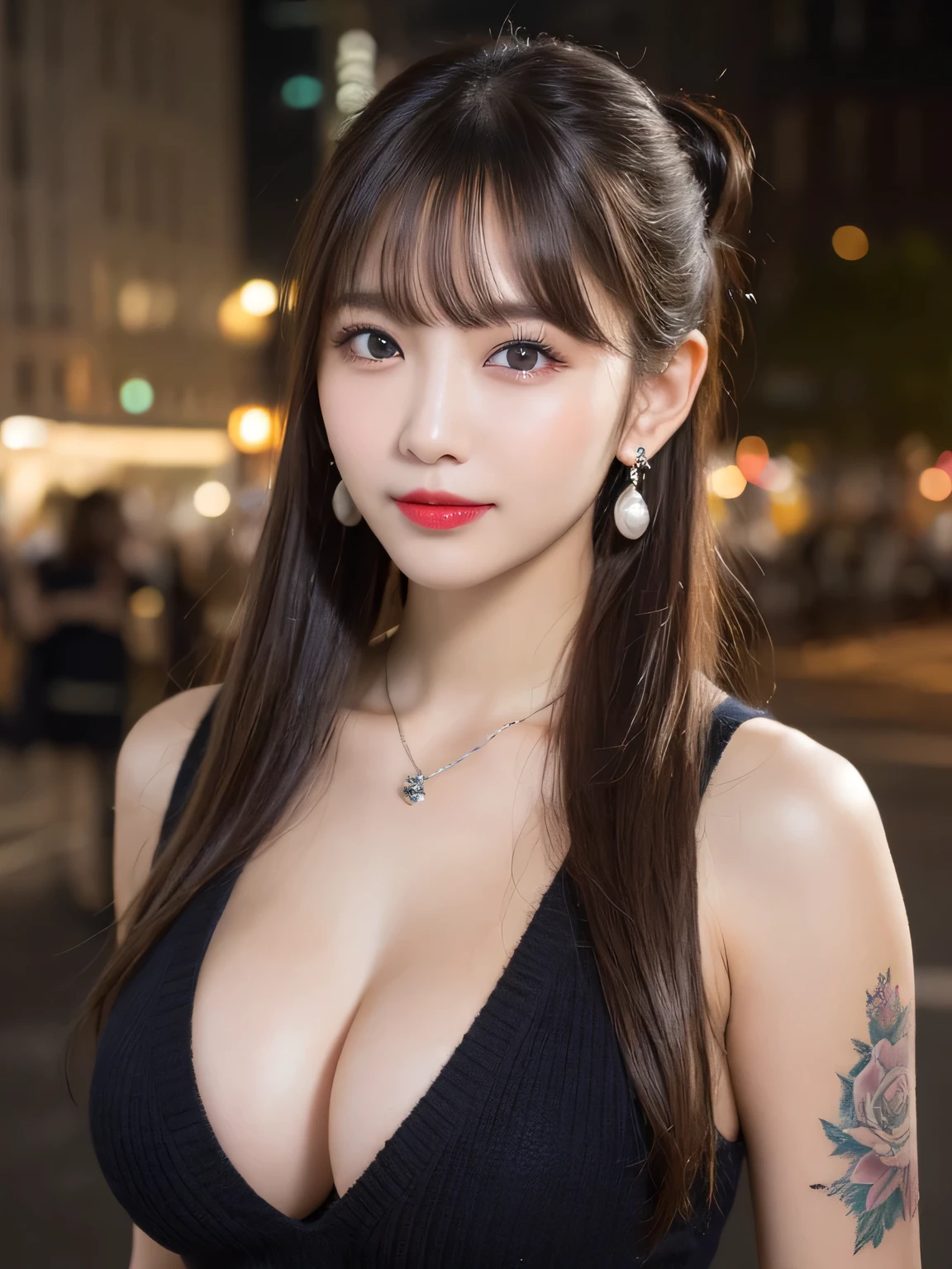 Beautiful college girl in the city, masterpiece, light makeup, red lips, silver hair, messy long hair, city background, beautiful, elegant. Very fine details, masterworks, authentic texture, cinematic lighting realism, perfect work, 16k, high resolution, exquisite features, blue eyes, Japanese idol, beautiful face, cute smile, brown hair, beautiful hair, pigtails, attractive, big breasts, erect nipples, greasy muscles, shiny skin, tanned skin, shiny black skin, sexy knit sweater, cleavage, wet, bright big eyes, smooth skin, earrings, necklace, tattoo