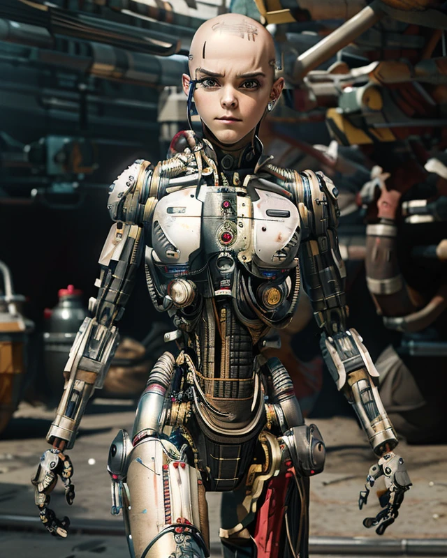 A bald cyborg Emma Watson, with loose wires, metallic skin, hoses, exposed torso, androidperson, mark brooks, david mann, robot brain, made of steel, hyperrealism, post-apocalyptic, mechanical parts, joints, mecha, j_sci-fi