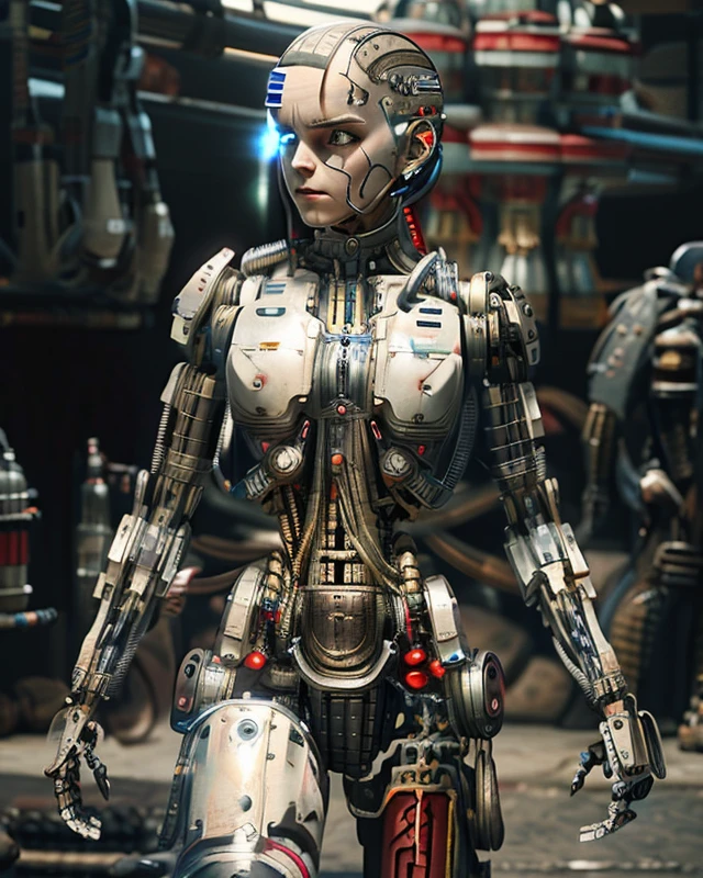 A bald cyborg Emma Watson, with loose wires, metallic skin, hoses, exposed torso, androidperson, mark brooks, david mann, robot brain, made of steel, hyperrealism, post-apocalyptic, mechanical parts, joints, mecha, j_sci-fi