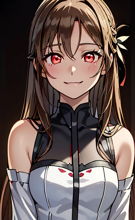 (Photorealistic:1.4)、(asuna,20-year-old:1.5),(masterpiece、lens flare:1.5、spot light:1.2、Exquisite beautiful eye:1.5,portlate),(kind eyes、tareme:1.2),(Demure:1.2)
、Cute Face、 3D Face、(light brown hair:1.5)、(straight hair sidelock:1.3),(1 woman)、(Red eyes:1.2)、(upper body:1.5))、(sad smile:1.5)、(head tilt) ,(Cute face:1.2),(flat chest),(half closed eyes:1.2),kind face,(neck holder white red lace gothic lolita dress),(black background:1.5)、(glowing eyes:1.3)、()、 Neat and clean、Adorable、Slim Body(Tareme:1.5),Shiny Hair、(Glowing pink Skin)、Nijisketch,Manga,beautifuljapanesewoman
