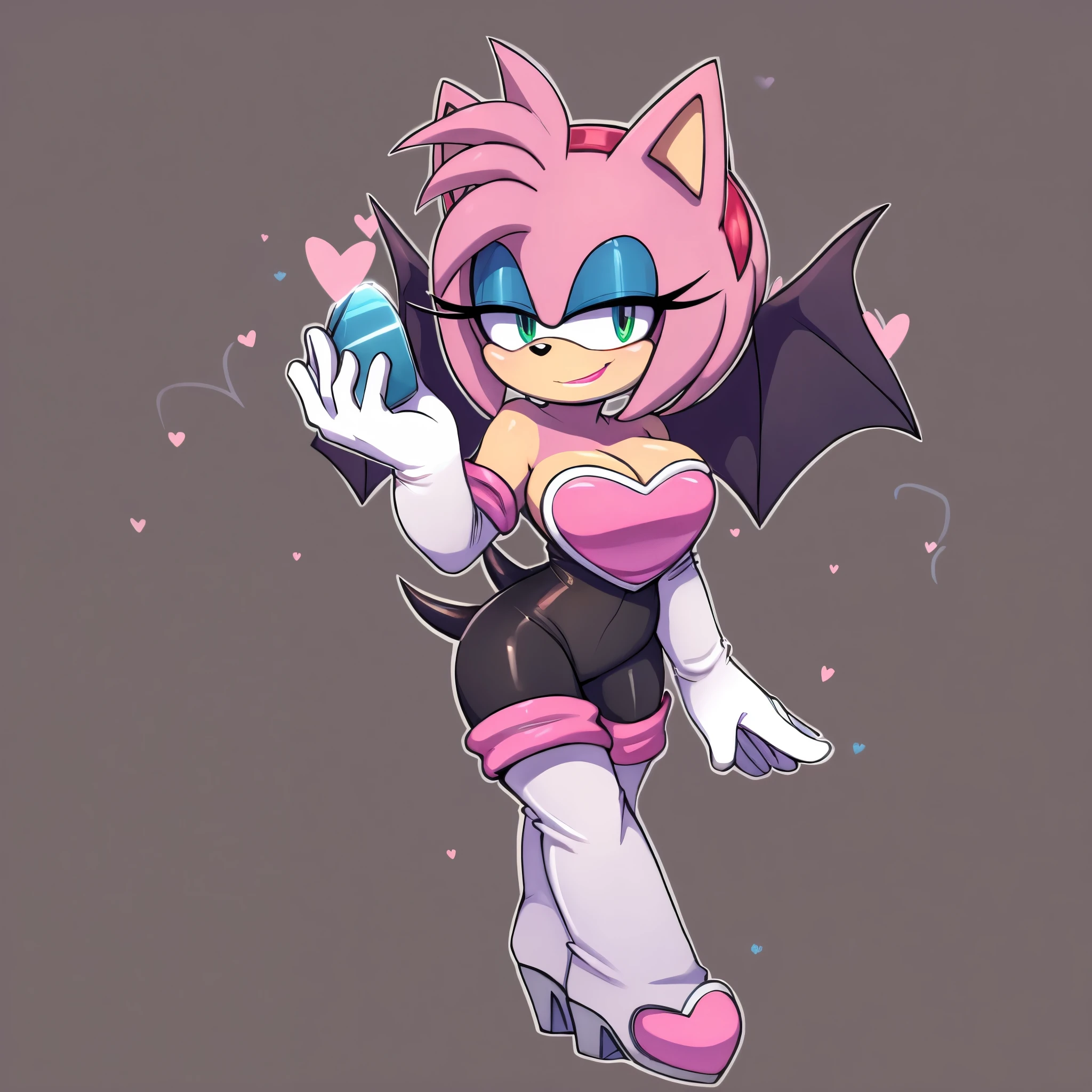 score_9, score_8_up, 2D, flat color, looking at viewer, (1girl), (solo), very detailed, extremely detailed, Amy Rose from the sonic the hedgehog series, portrait, smug expression, sound lines, makeup, light on the lipstick, hair down, long hair/quills, hair bangs, large bust, milf, Rouge cosplay, cosplay, Rouge the Bat outfit, she wears a black skin-tight and strapless low-cut jumpsuit, a pink heart-shaped chest plate outlined with thin white trim, elbow-length white gloves and thigh-high high-heeled boots with pink cuffs to match them, with the latter featuring both gray soles and heels, along with steel toes in the appearance of pink hearts, matching her jumpsuit's chest plate
