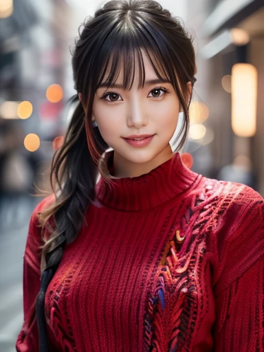 1 Japanese girl,(Colorful red sweater:1.4),(Autumn Fashion:1.2), (RAW Photos, highest quality), (Realistic, Photorealistic:1.4), Cowboy Shot, Very delicate and beautiful, Very detailed, 8k wallpaper, wonderful, In detail, Very detailedなCG Unity, High resolution, Soft Light, Beautiful details 25 years old, Very detailedな目と顔, Beautifully detailed nose, ((Beautiful fine details,Looking at this、In focus)), Cinema Lighting,Ginza streetscape,((Perfect Anatomy),Slender body, Large Breasts:1.4), smile (My hair is messy, Asymmetrical bangs, Black Hair,ponytail:1.4)