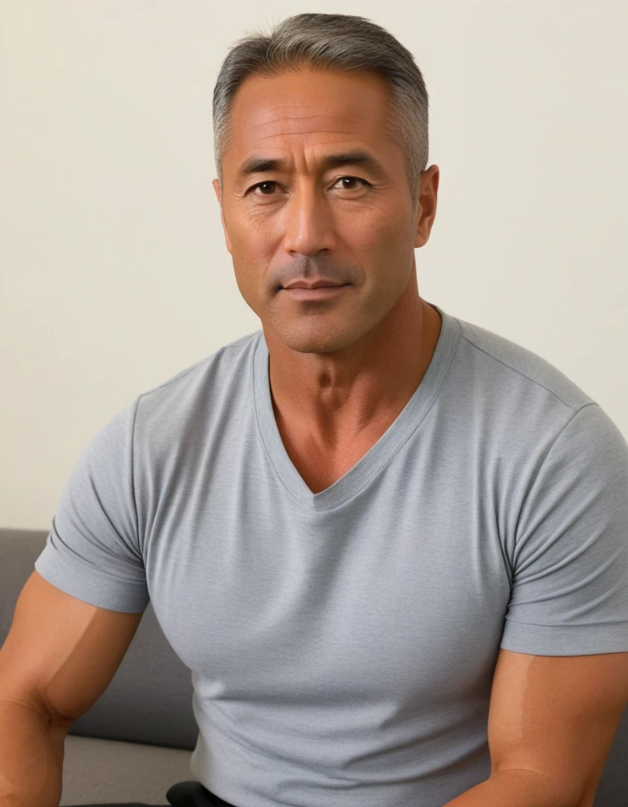 1man, japanese dilf, physical teacher, 40yo, big nose, gray hair, tanned skin, forehead, handsome, masculine, pentagon face, middle-muscular, stocky waist, middle-large eyes, japanese like don johnson, crewcut, BREAK solo, simple shirt, sitting on sofa, wideshot, interview scene, upperbody, 8k, sharp focus, extreme all detailed
