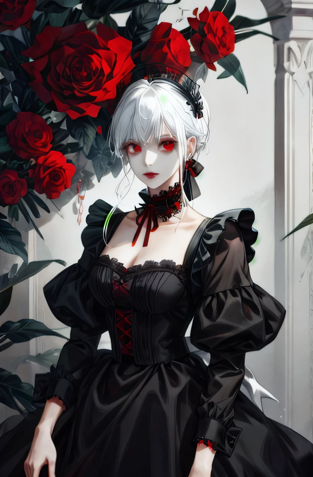 maid,Red and black clothes,white hair,skull