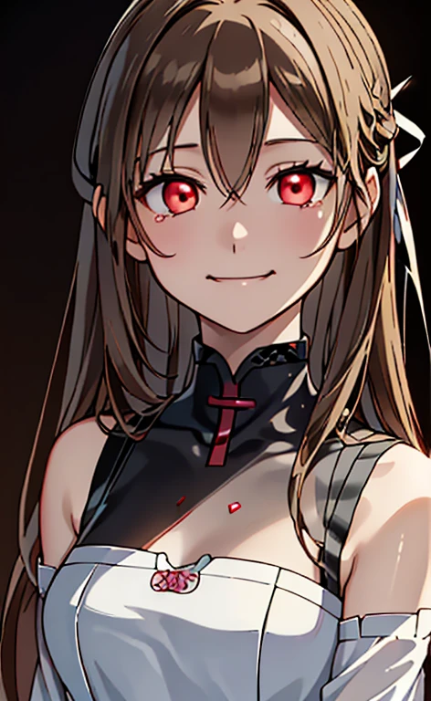 (Photorealistic:1.4)、(asuna,20-year-old:1.5),(masterpiece、lens flare:1.5、spot light:1.2、Exquisite beautiful eye:1.5,portlate),(kind eyes、tareme:1.2),(Demure:1.2)
、Cute Face、 3D Face、(light brown hair:1.5)、(straight hair sidelock:1.3),(1 woman)、(Red eyes:1.2)、(upper body:1.5))、(sad smile:1.5)、(head tilt) ,(Cute face:1.2),(flat chest),(half closed eyes:1.2),kind face,(neck holder white red lace gothic ta dress),(black background:1.5)、(glowing eyes:1.3)、()、 Neat and clean、Adorable、Slim Body(Tareme:1.5),Shiny Hair、(Glowing pink Skin)、Nijisketch,Manga,beautifuljapanesewoman