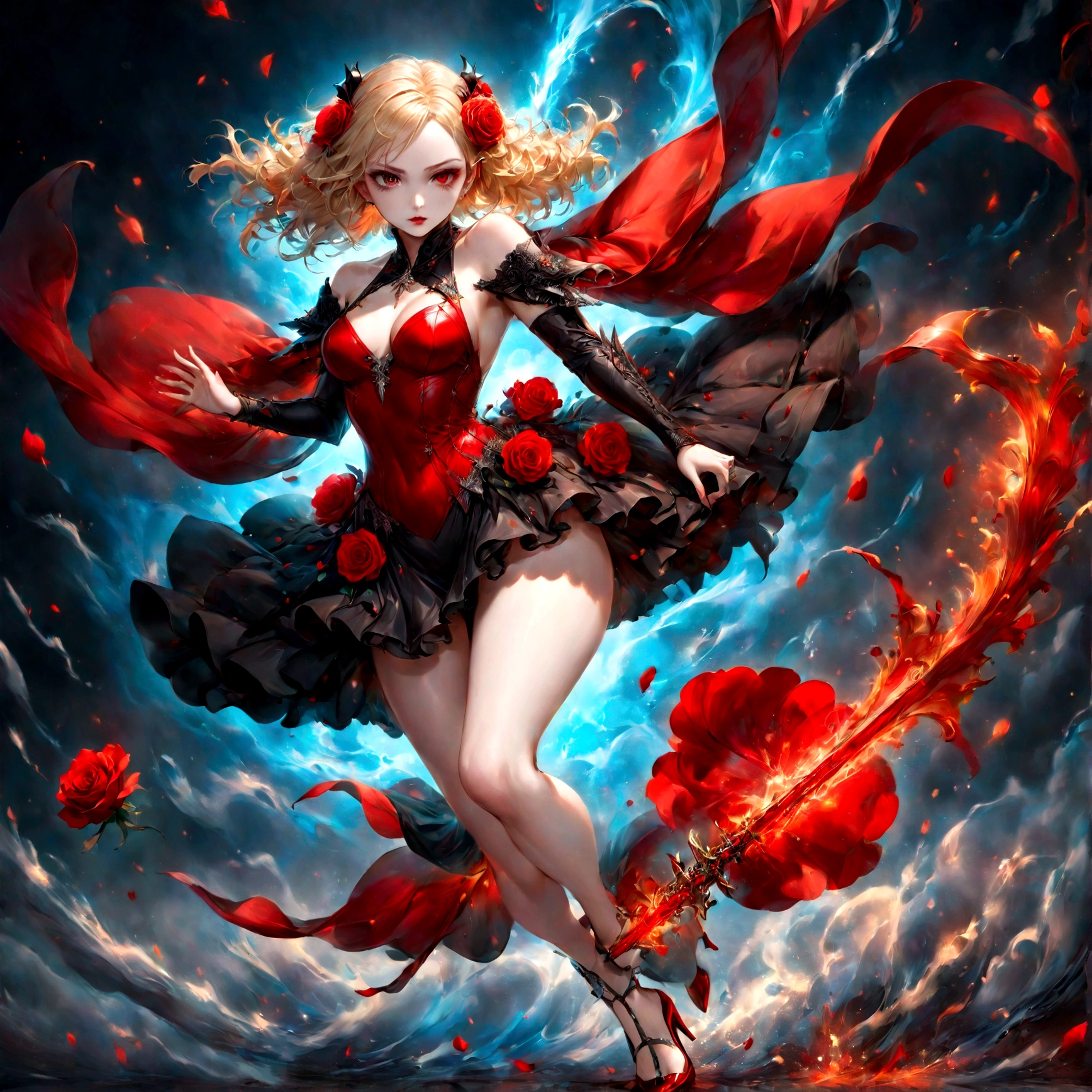 modisn disney, Arafed, action shot, Dark fantasy art, fantasy art, goth art, a picture of a female vampire, exquisite beauty, full body shot, dark glamour shot, pale white skin, blond hair, long hair, wavy hair, (glowing grey: 1.3) eyes, she wears a (red: 1.3) red thigh suit, ArmoredDress, she holds a sword in hand, (ready for battle: 1.4) , the roses are imprinted on the suit (black: 1.4) black roses, high heels, dark castle, dark, black and color, Dark Art Painting Style, flower dress, betmd