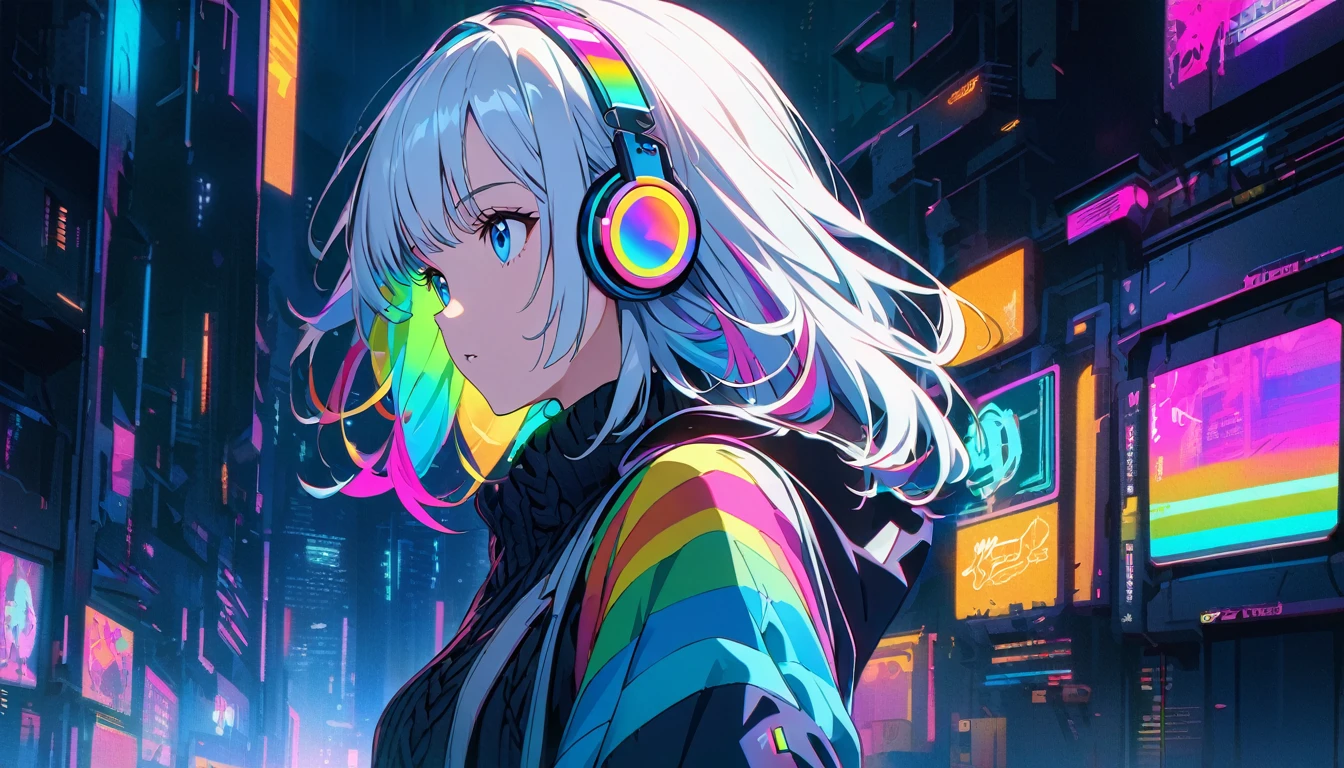 Handsome cute, Solitary, 1 female, Medium Length Hair, white hair, Rainbow hair, blue Eyes, Rainbow headphone, knit dress, Futuristic, Cyberpunk, Cybernetics panoramic, in the night, looking away,