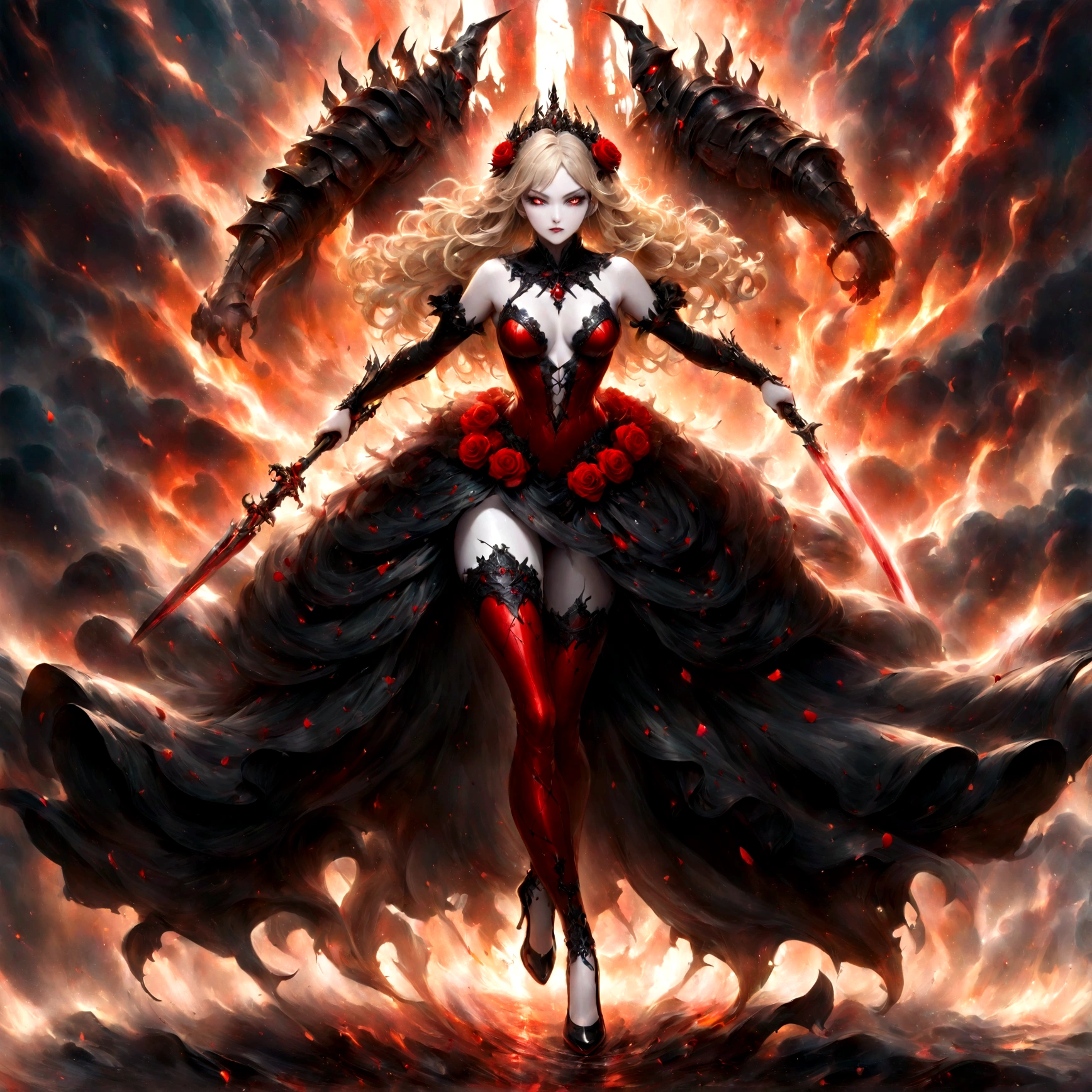modisn disney, Arafed, action shot, Dark fantasy art, fantasy art, goth art, a picture of a female vampire, exquisite beauty, full body shot, dark glamour shot, pale white skin, blond hair, long hair, wavy hair, (glowing grey: 1.3) eyes, she wears a (red: 1.3) red thigh suit, ArmoredDress, she holds a sword in hand, (ready for battle: 1.4) , the roses are imprinted on the suit (black: 1.4) black roses, high heels, dark castle, dark, black and color, Dark Art Painting Style, flower dress, betmd