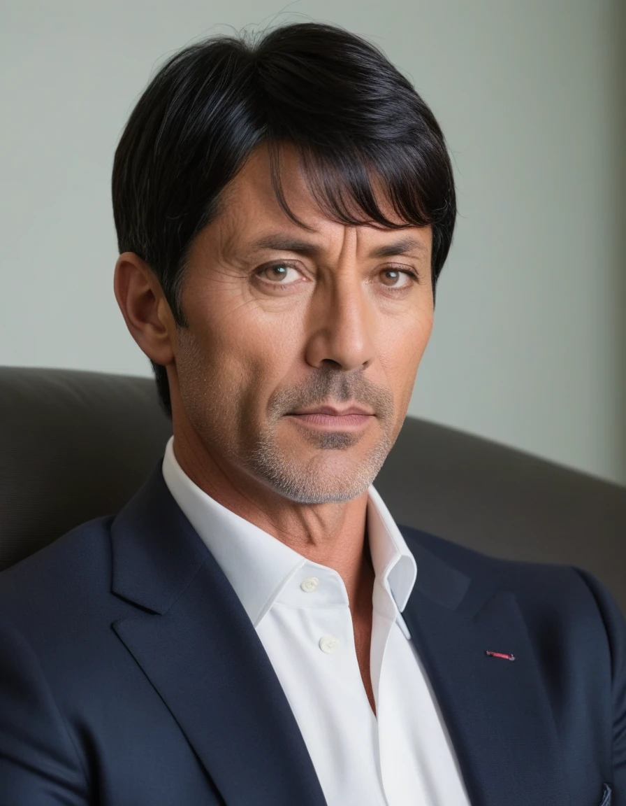 1man, japanese dilf, vice principal, 50yo, black hair, short hair, center parted bangs, handsome, sharp ellipse face, middle-muscular, beautiful detailed eyes, dandy, little scruff, gentle, ikemen, , BREAK solo, business suit, sitting on sofa, wideshot, interview scene, principal's office, upperbody, 8k, sharp focus, extreme all detailed