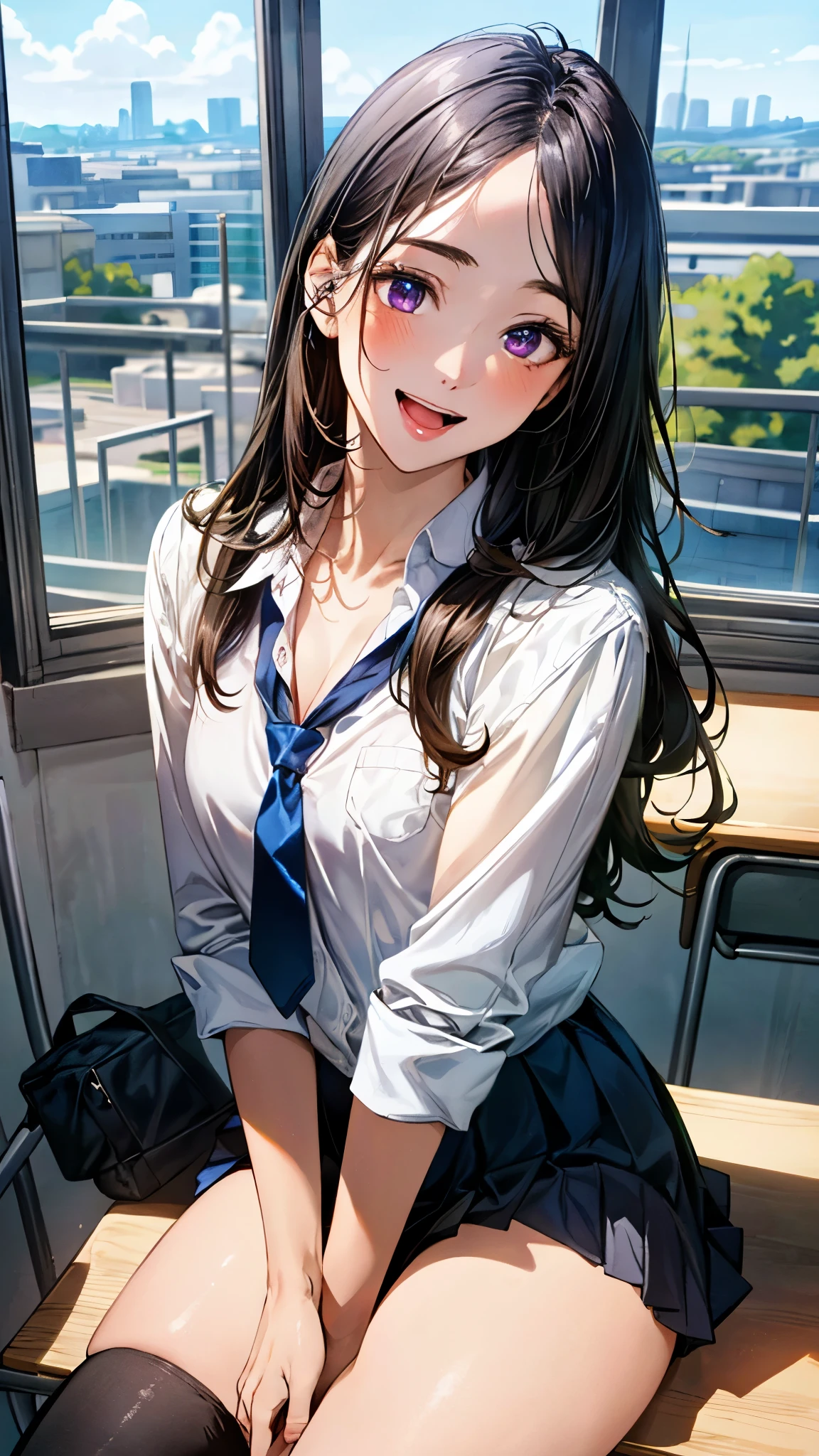 (masterpiece:1.3, top-quality, ultra high res, ultra detailed), (realistic, photorealistic:1.4), beautiful illustration, perfect lighting, natural lighting, colorful, depth of fields, , 
beautiful detailed hair, beautiful detailed face, beautiful detailed eyes, beautiful clavicle, beautiful body, beautiful chest, beautiful thigh, beautiful legs, beautiful fingers, shiny skin, 
looking at viewer, 1 girl, high school girl, (perfect anatomy, anatomically correct, super detailed skin), cute and symmetrical face, babyface, perfect face, perfect eyes, 
(long hair, straight hair, black hair), forehead, purple eyes, long eyelashes, (medium breasts, seductive thighs), curvy, 
(detailed cloth texture), (dark blue blazer, dark blue pleated miniskirt, socks, private school uniform:1.2, necktie), white panties, 
(beautiful scenery), afternoon, (school classroom:1.2), cityscape of windows, (sitting on desk), (lovely smile, open mouth small),