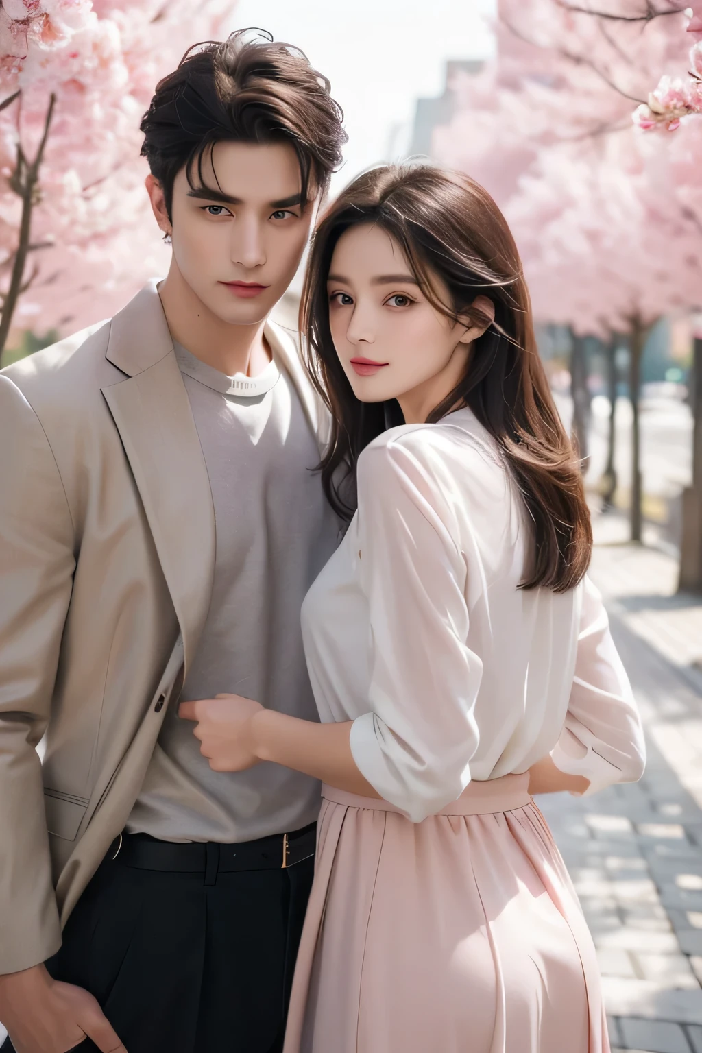 Modern. Casual wear. Elegant couple, masculie man and beautiful girl. Dark hair color. Very deatiled face. pretty eyes (perfect eyes). 8K resolution. Masterpiece. Romantic, love, glowing light. Look at the viewer. Petals. Pastel color.