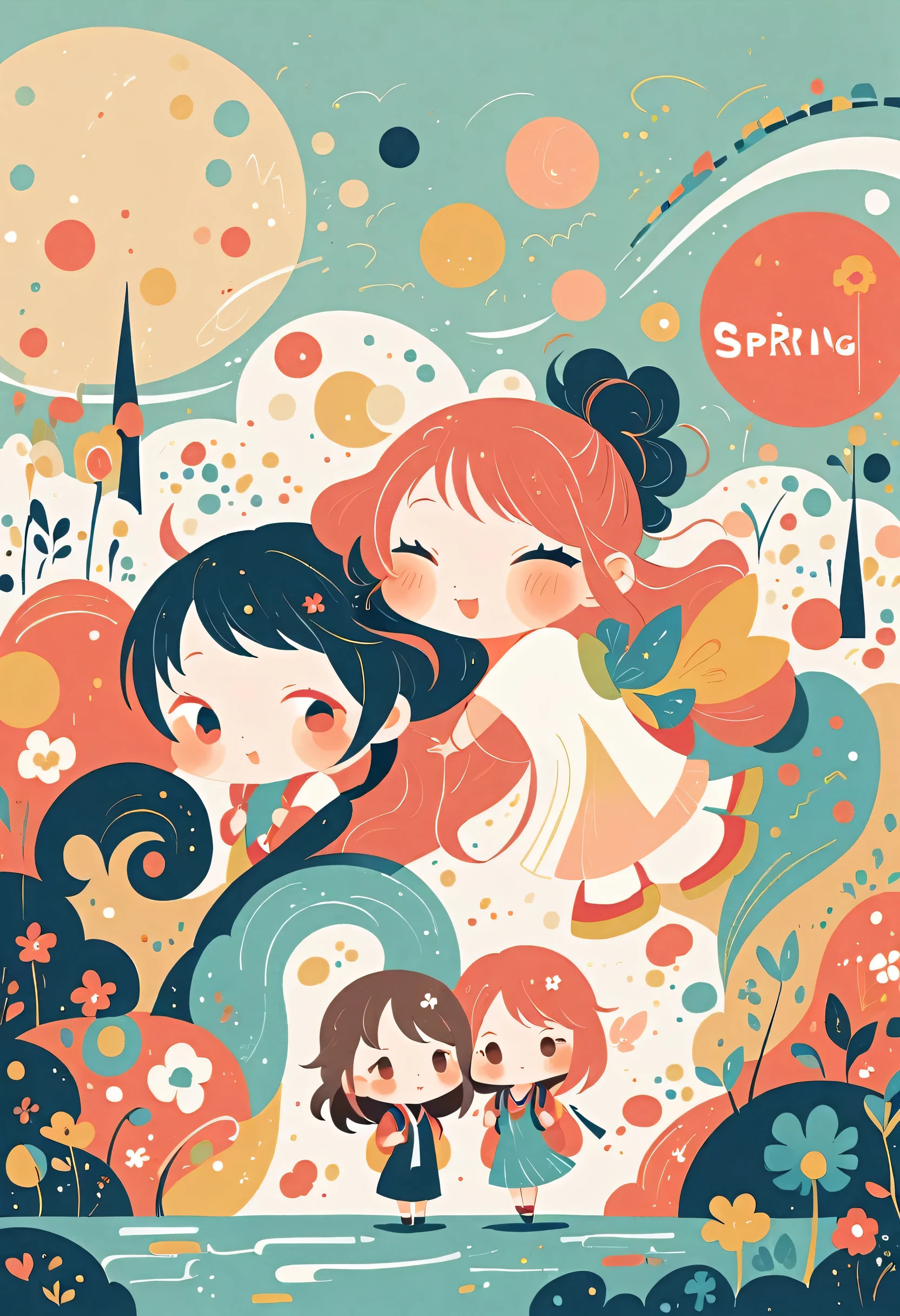Momoko Sakura style, Standing in front of a high wall,Girl with backpack on rooftop,My backpack is full of happy spring,Simple Line Initialism,Abstract art,Urban Background, (((The most beautiful girl))), (((chibi)))
