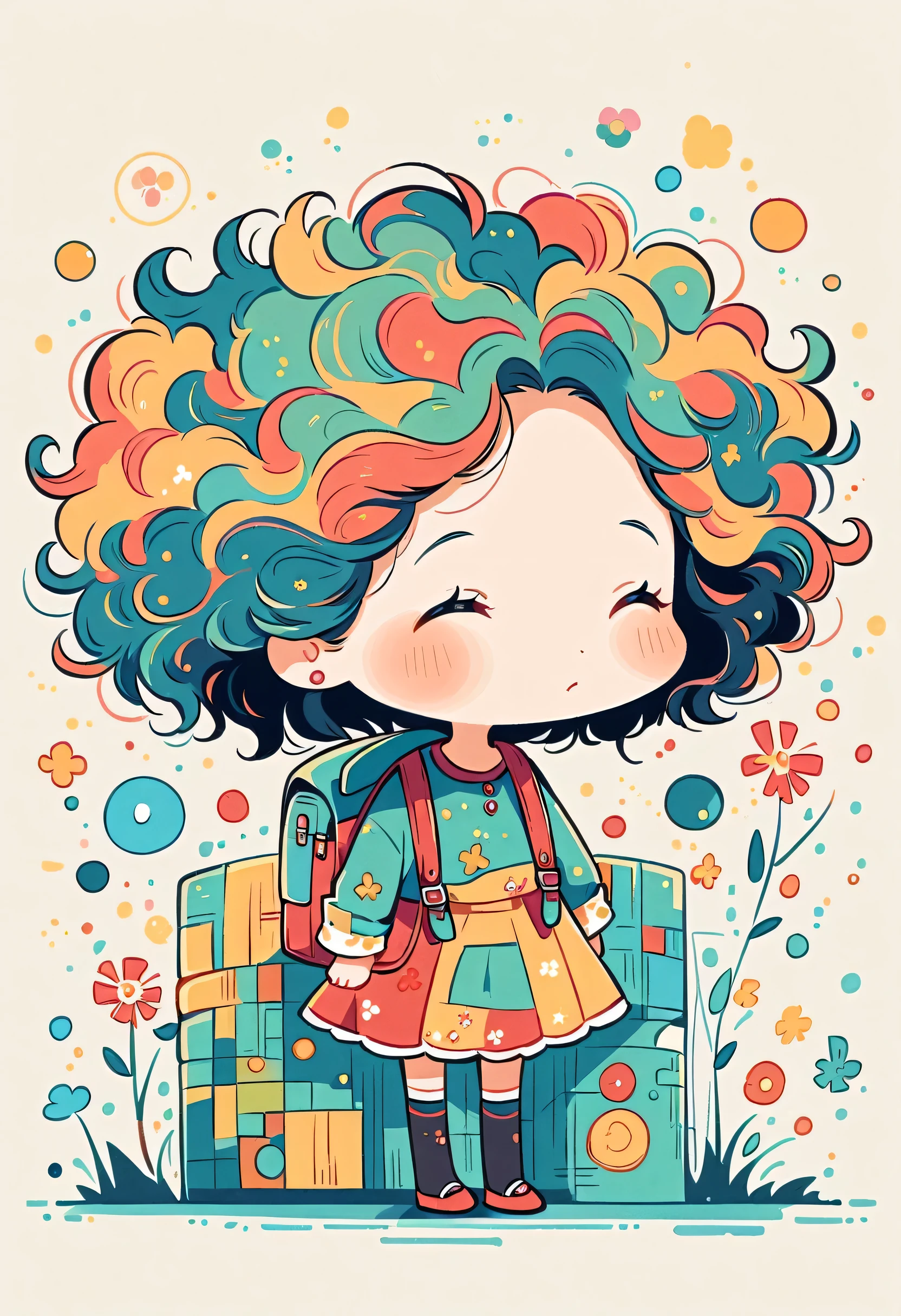 Momoko Sakura style, Standing in front of a high wall,Girl with backpack on rooftop,My backpack is full of happy spring,Simple Line Initialism,Abstract art,Urban Background, (((The most beautiful girl))), (((chibi)))