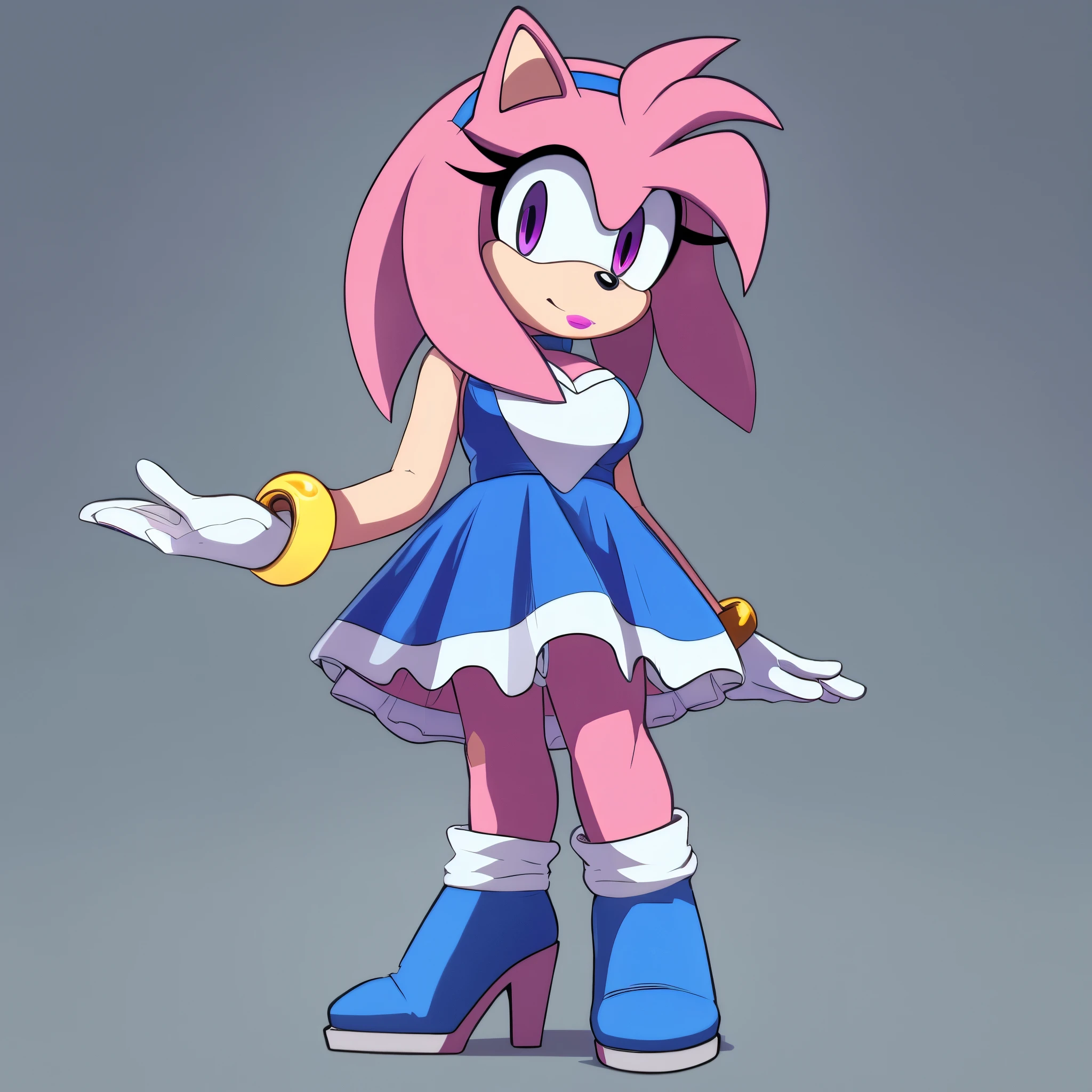 score_9, score_8_up, 2D, flat color, looking at viewer, (1girl), (solo), very detailed, extremely detailed, Amy Rose from the sonic the hedgehog series, portrait, sound lines, makeup, light on the lipstick, hair down, long hair/quills, hair bangs, large bust, milf, Ice-like color palette, light blue fur, wears a blue sleeveless and backless dress with two white trims and a white petticoat underneath, tall blue boots with a white stripe down the center, white cuffs and gray soles with chunky heels, a blue hairband, and white wrist-length gloves with light blue bracelets for cuffs, purple eyes