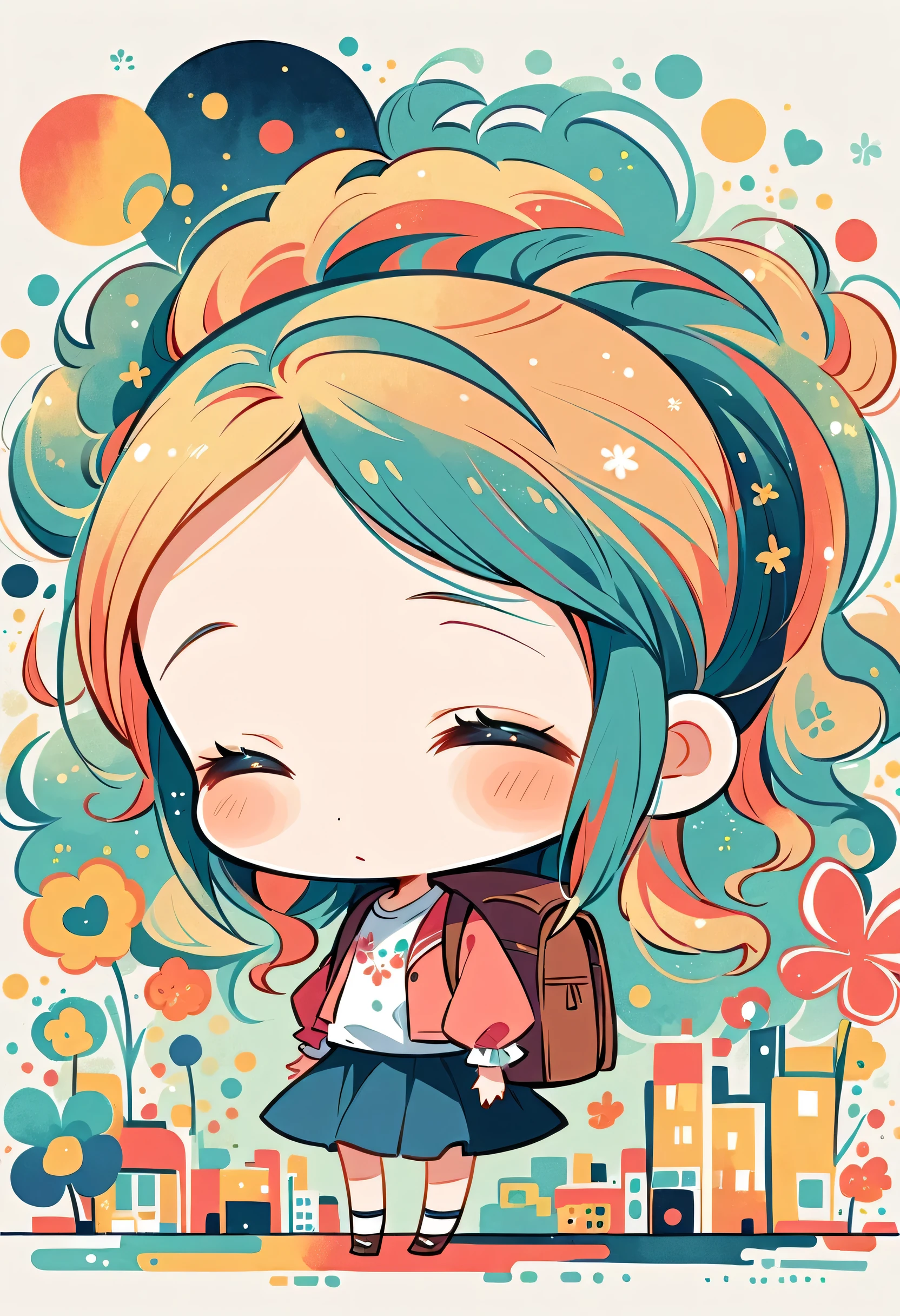 Momoko Sakura style, Standing in front of a high wall，Girl with backpack on rooftop，My backpack is full of happy spring，Simple Line Initialism，Abstract art，Urban Background, (((The most beautiful girl))), (((chibi)))