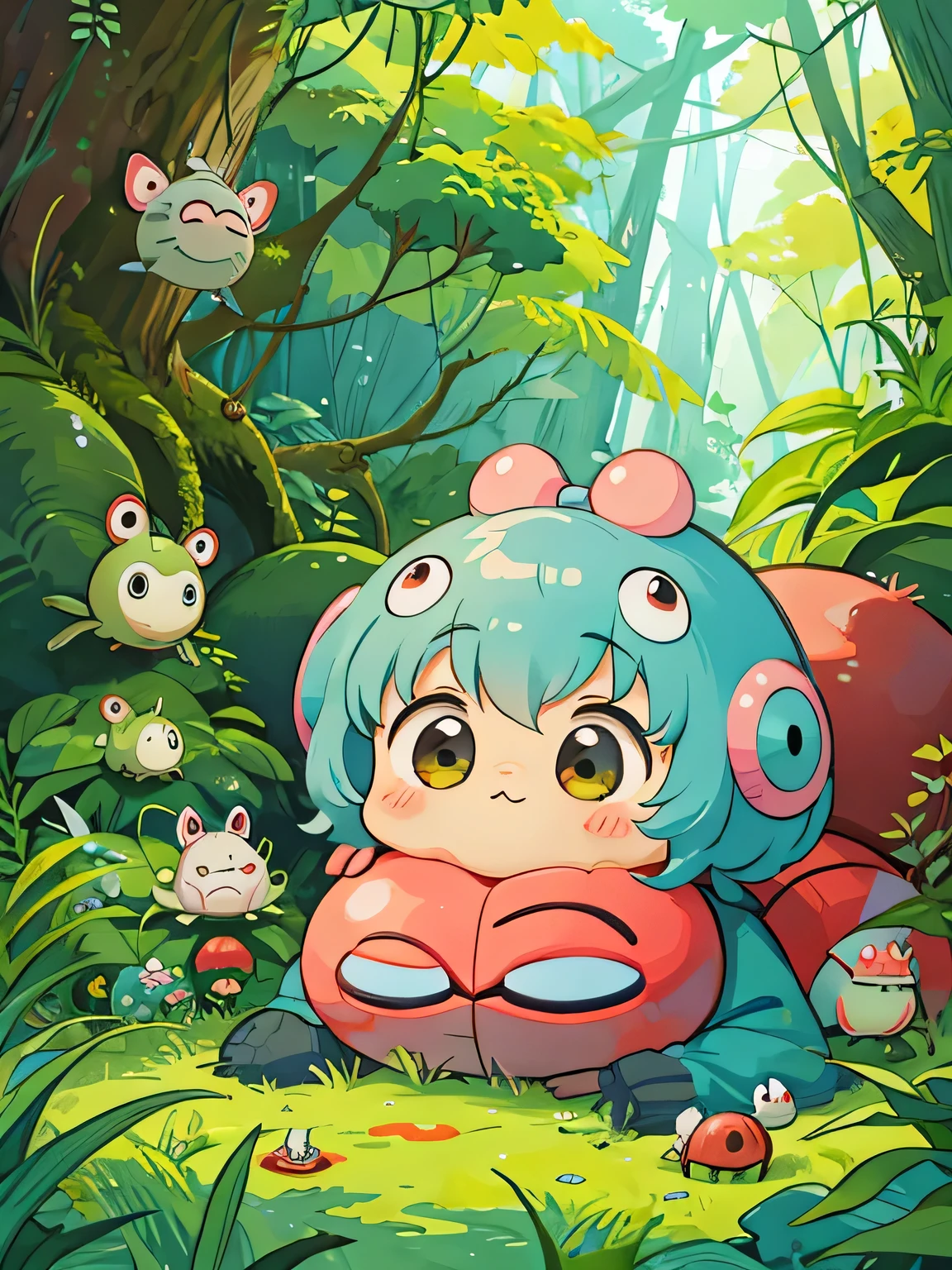 hayao miyazaki style, Kawaii Design, The most beautiful girl of all time、Chibi, Cute and colorful pillbugs、play together、Lots of pillbugs、Totoro Forest