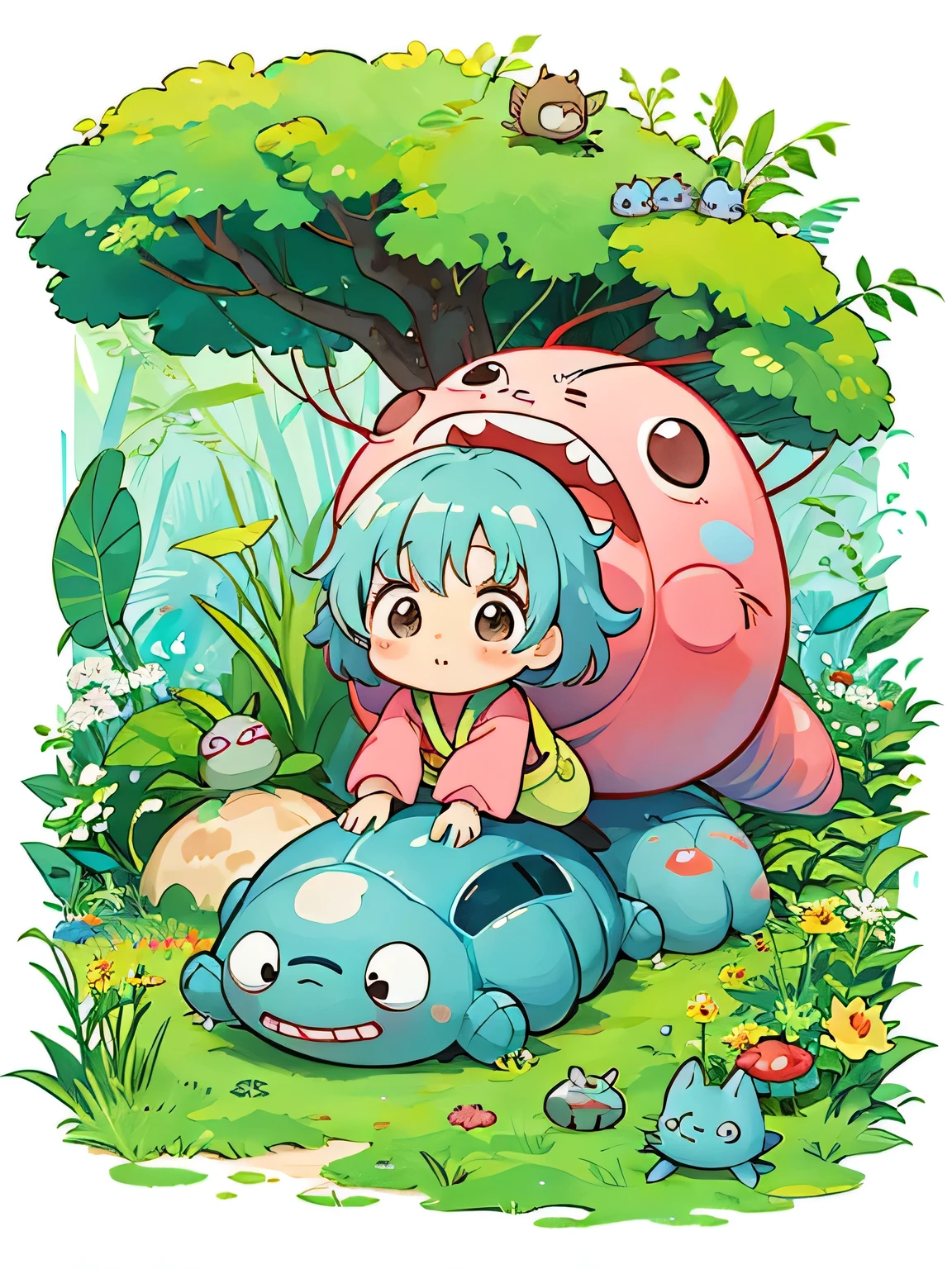 hayao miyazaki style, Kawaii Design, The most beautiful girl of all time、Chibi, Cute and colorful pillbugs、play together、Lots of pillbugs、Totoro Forest