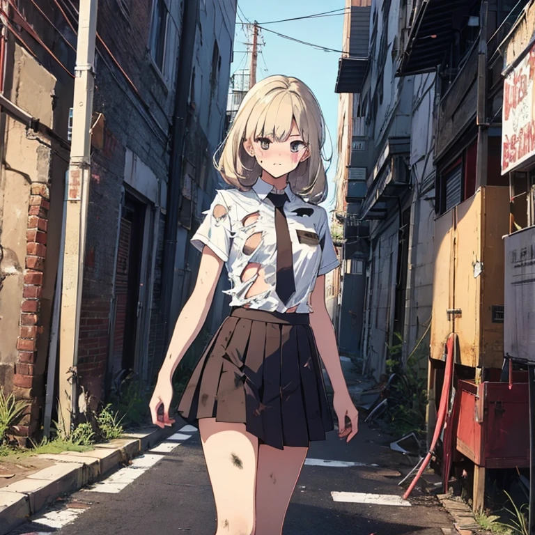 A group of female students, (in alley way), various hair styles, harem, post apocalyptic, details face, short skirt, seducing, school uniforms, dirty body, shattered glass, torn clothing, ruins