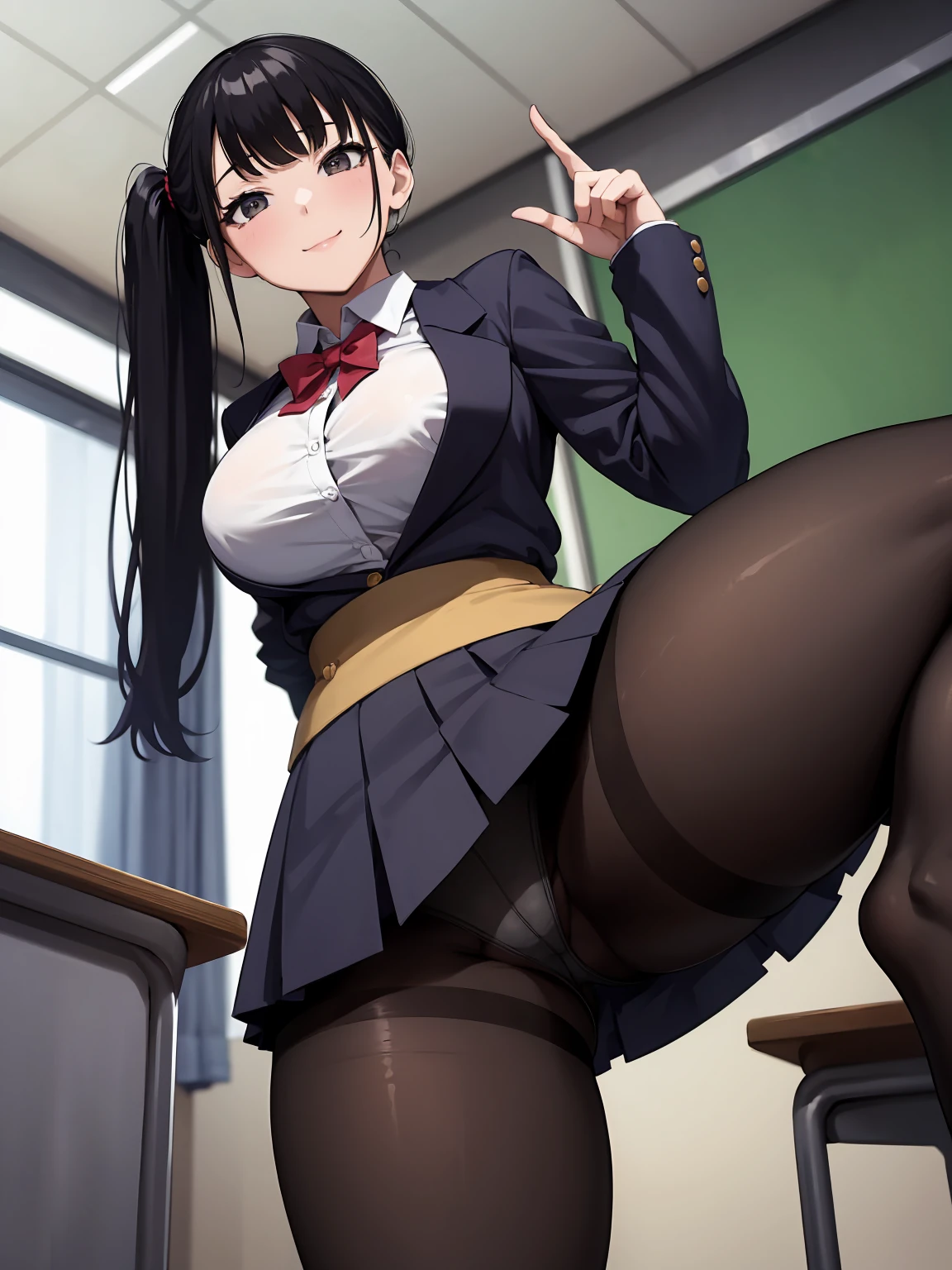 One Girl, Five Fingers, mini skirt, Looking down at the viewer, Twin tails, highest quality, Focus on the thighs, Dynamic pose, smile, blazer, blouse, Black Pantyhose, panties under pantyhose, Standing Split, classroom, Black Hair, Stylish pose,Thick thighs、My crotch is steaming 、Spread your legs