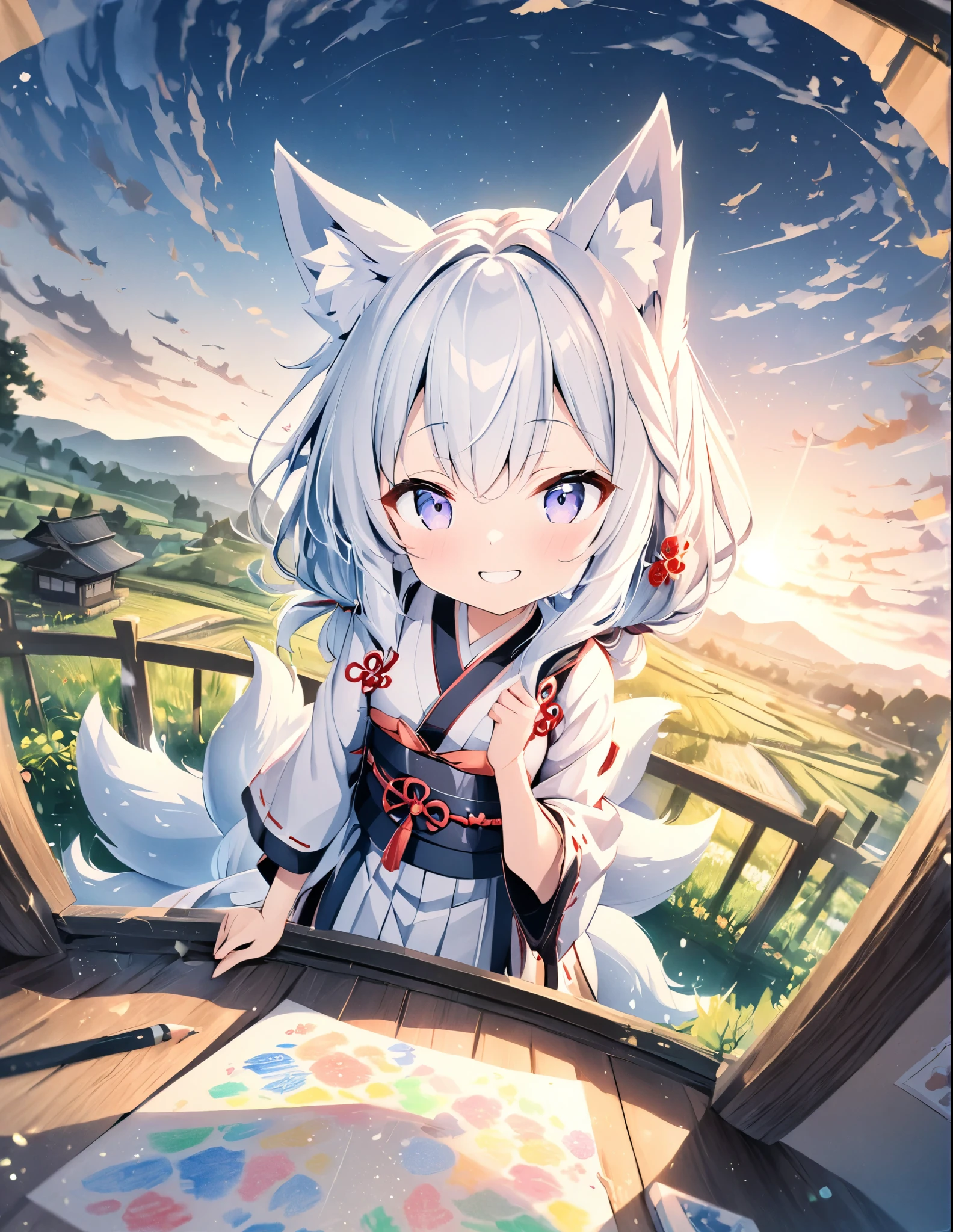 ((style:Colored pencil,pale colour))、(anime)、(masterpiece:1.2),atmospheric perspective,lens flare、nine tailed fox、girl、cute、Good old Japanese countryside、Subfox、One Girl、Fox Ears,(An innocent smile)