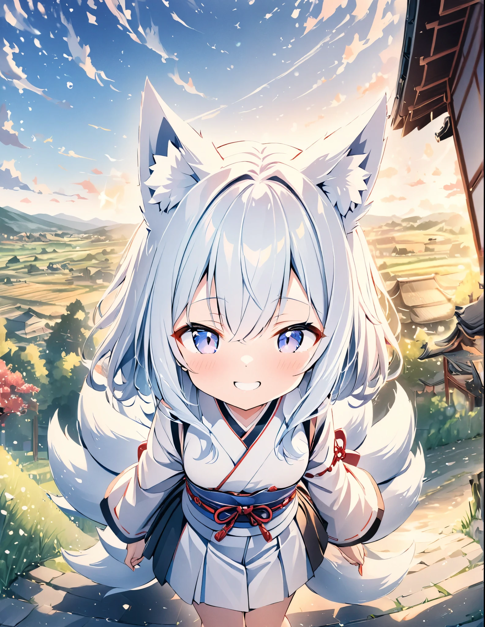((style:Colored pencil,pale colour))、(anime)、(masterpiece:1.2),atmospheric perspective,lens flare、nine tailed fox、girl、cute、Good old Japanese countryside、Subfox、One Girl、Fox Ears,(An innocent smile)