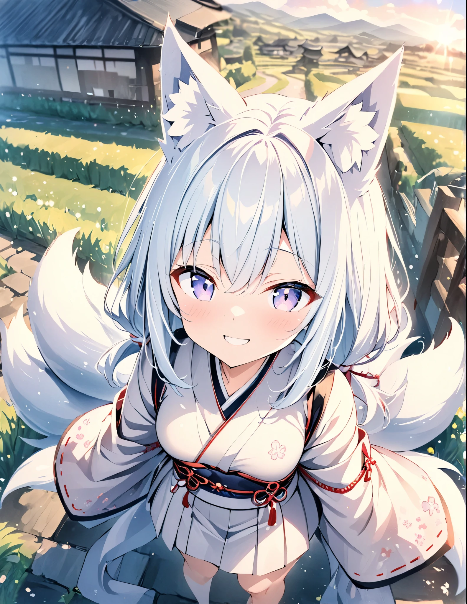 ((style:Colored pencil,pale colour))、(anime)、(masterpiece:1.2),atmospheric perspective,lens flare、nine tailed fox、girl、cute、Good old Japanese countryside、Subfox、One Girl、Fox Ears,(An innocent smile)