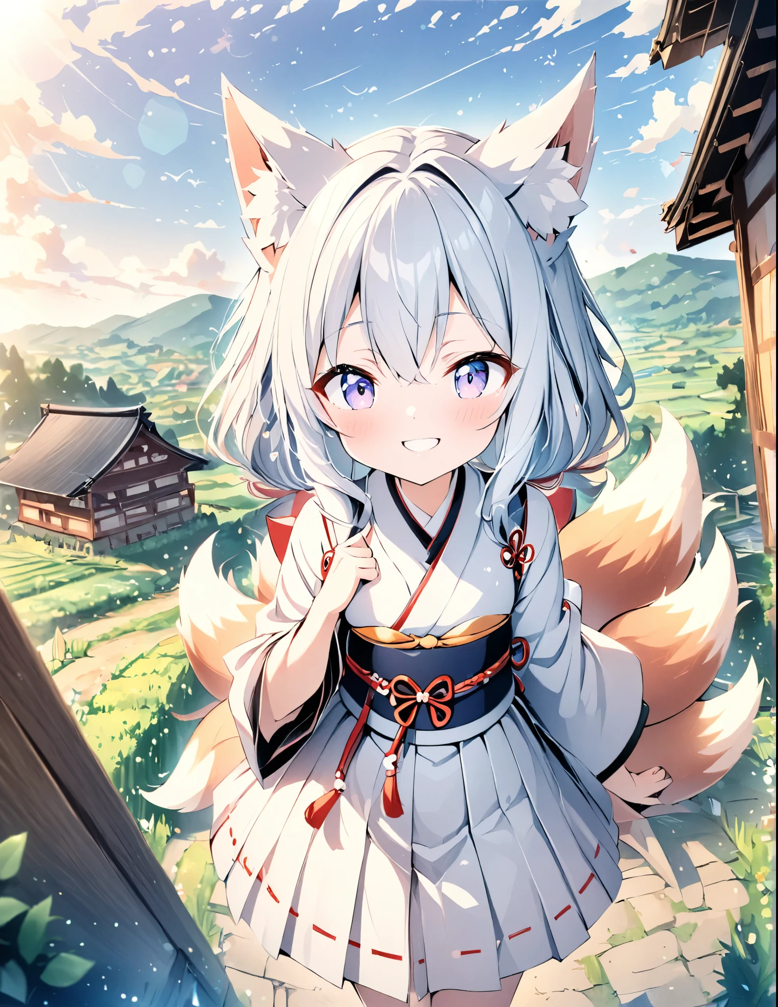 ((style:Colored pencil,pale colour))、(anime)、(masterpiece:1.2),atmospheric perspective,lens flare、nine tailed fox、girl、cute、Good old Japanese countryside、Subfox、One Girl、Fox Ears,(An innocent smile)
