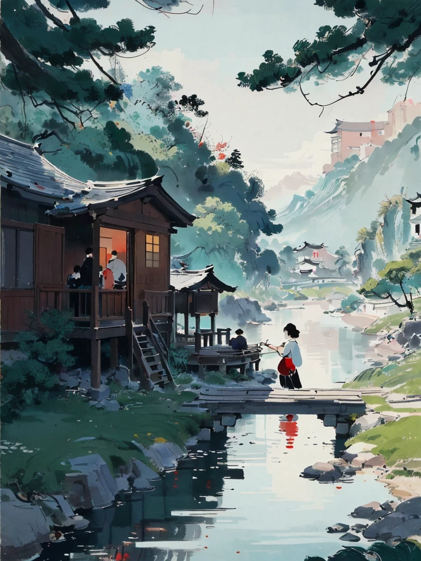 Wu Guanzhong style，Emerging young artists supported by Wu Guanzhong，Through the fusion of traditional and modern elements，Early morning by the river，Several women are busy washing clothes，The picture is full of tranquility and vitality，in the morning light，The woman&#39;s figure appears gentle and peaceful。The surrounding bamboo forest sways gently in the wind，the river is crystal clear。The whole scene is vividly depicted，Has the artistic style of Wu Guanzhong，That is, Using Chinese ink painting techniques combined with modern composition and color，Showing unique modern Chinese aesthetics，WuGuanZhong