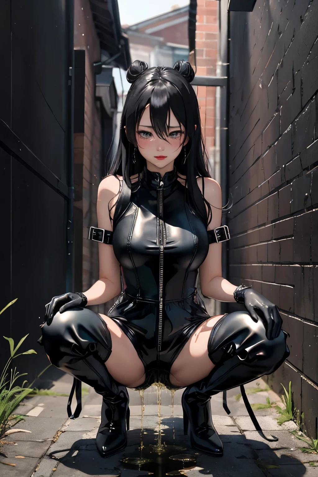 anime, best quality, high quality, highres, beautiful women, high detail, good lighting, lewd, hentai, (((black leather jumpsuit shorts))), (((leather thigh high boots))), black leather gloves, bare thighs, bare arms, (((wetting herself))), (((peeing herself))), (((peeing self))), (pee streaming down legs), peeing stain, (puddle), (thick thighs), nice long legs, lipstick, detailed face, pretty face, embarrassed blushing face, humiliated, ((legs spread)), (squatting), ((in wide alley)), hihelz