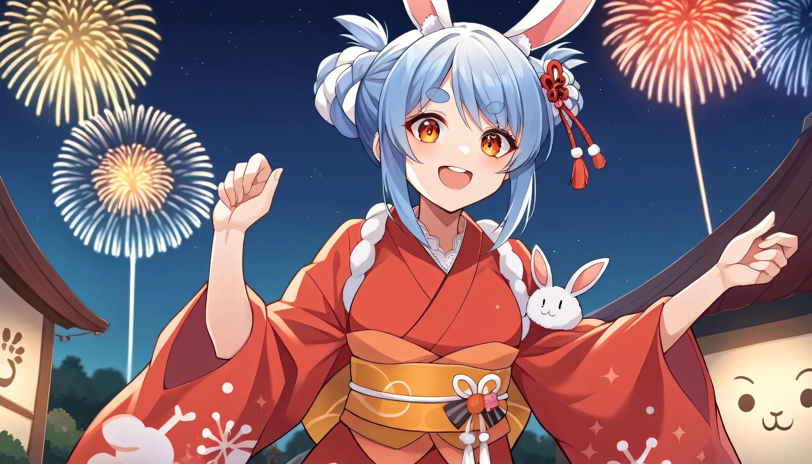 Fraction_9, Fraction_8_up, source_Japanese cartoons, 1 Girl, Solitary, Pecora New Year, Orange eyes, Thick eyebrows, Rabbit ears, Two-tone hair, Blue Hair, white hair, twice as good, braided bun, Tassel Hair Accessories, Red Kimono, Short Kimono, sleeves rolled up, tasuki, tape, night, outdoor, festival, fireworks, Smile, image size 16:9