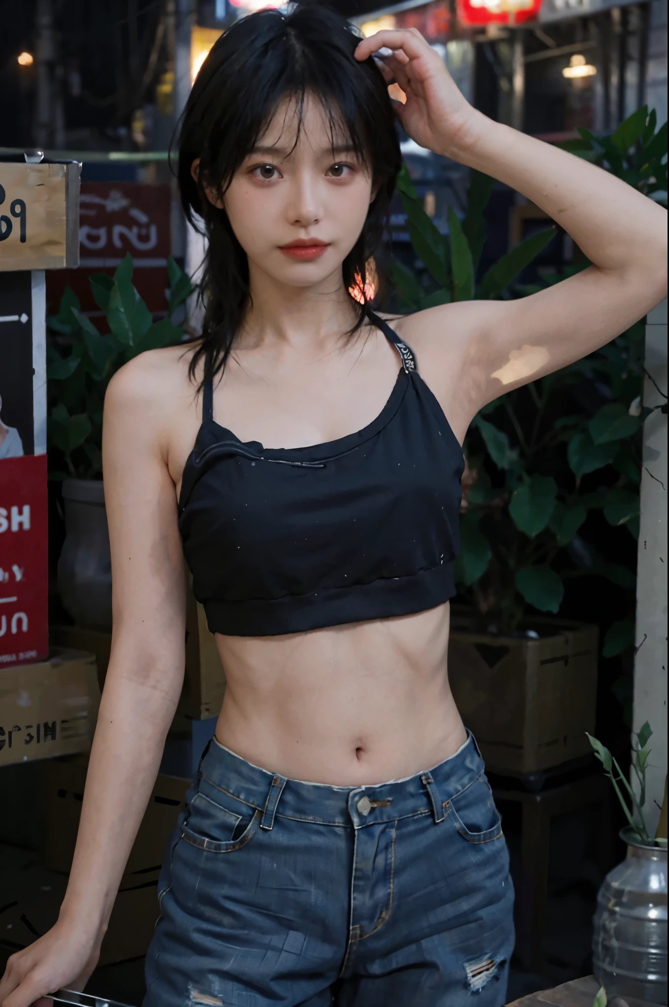 8K,best quality, masterpiece, Ultra-high resolution, (Reality:1.4), RAW photos, (Realistic skin texture:1.3), (Film Grain:1.3), (Selfie Angle),1 Girl,Beautiful and detailed eyes and face,masterpiece, best quality,close up,Upper body, A trendy short-sleeved shirt、Cowboy shooting、Along the River、front、Contrapo、people、Sexy body,Wearing very short cut-off jeans,Abdominal exposure,Wearing a sexy red bikini top,Long flowing hair,Beautiful clavicle,Night market in Bangkok, Thailand,Natural light,Realistic photos,full-body shot
