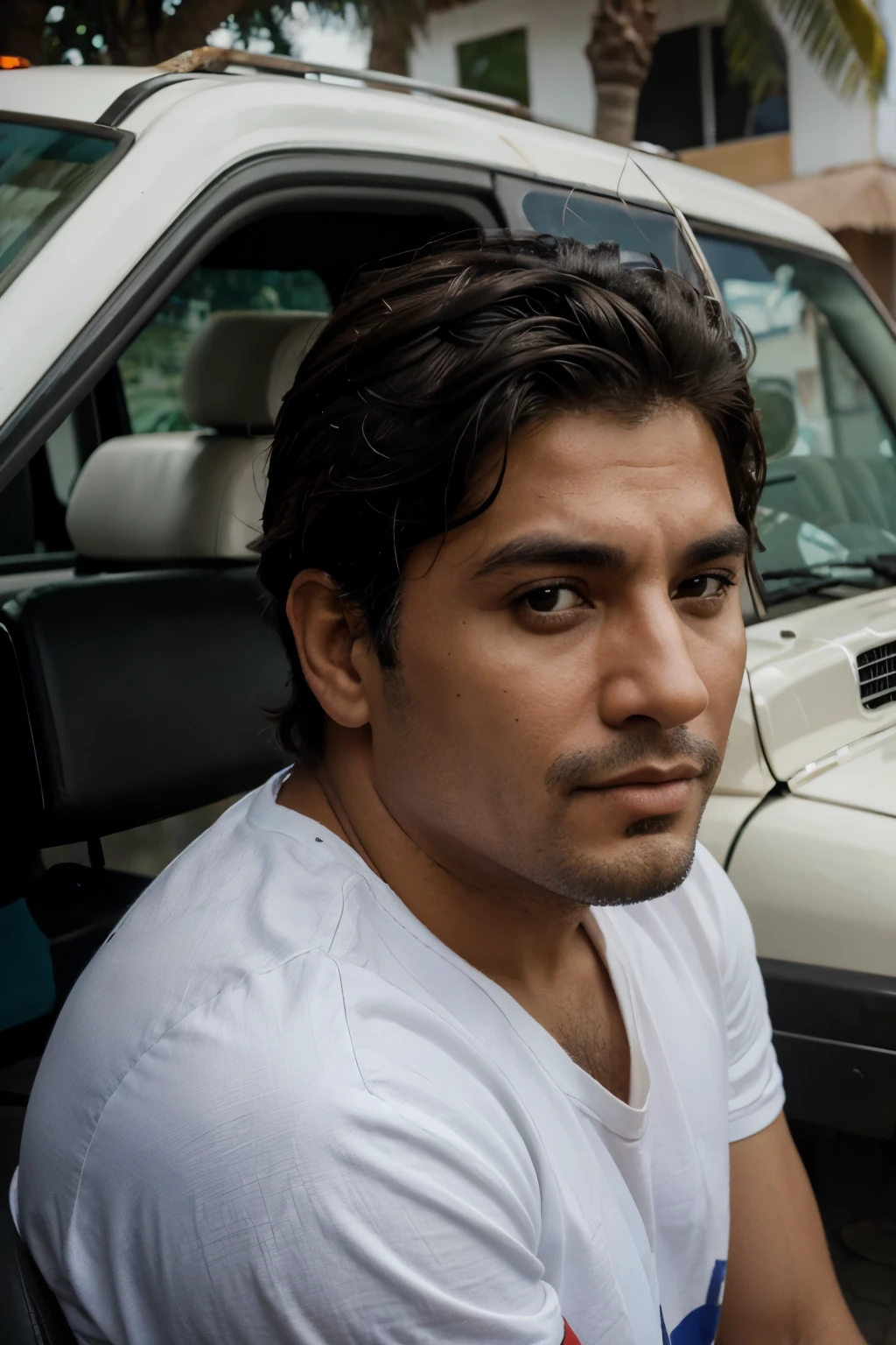 Face of Raúl Emilio Pastrán in his truck