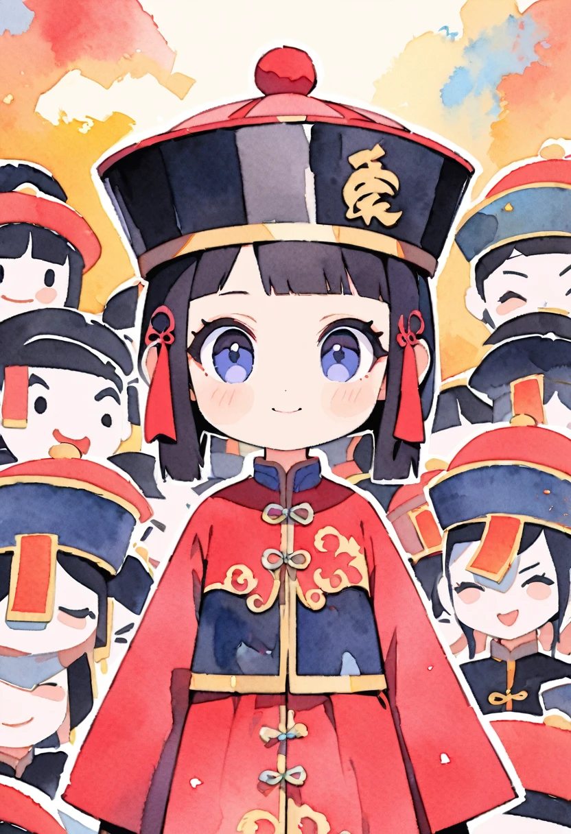 pop art,flat design,(masterpiece, best quality:1.1), (ultra highres, ultra-detailed:1.2) ,Cute Jiangshi,Jiangshi has an audience with President of china,(Watercolor:1.3),