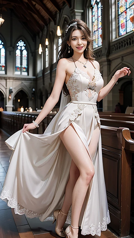  highest quality, Realistic, Very detailed, finely, High resolution, 8k wallpaper, Beautiful woman,, Brown hair short ponytail, (silk wedding dresses), Perfect dynamic composition, finelyて美しい目, Ample breasts, Realistic , smile,  Model Body Type、Earrings,garnet necklace,(Wearing a watch 1),Beautiful legs,(Beautiful large stained glass church),Full Body Shot:1.3,Smile and laugh,