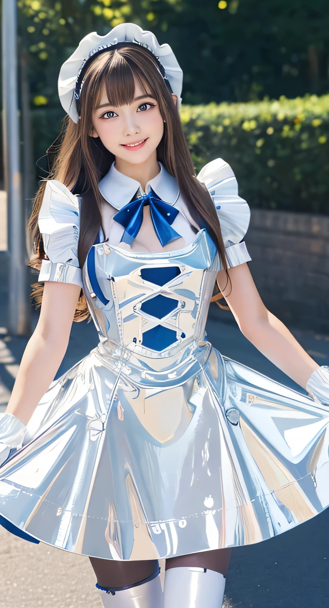 Angelic very beautiful cute young girl,
Beautiful detailed eyes, (5 yo:1.2),(clear-eyed:1.3),
Detailed double eyelids,
(Soft Saturation: 1.3), 
(Fair skin: 1.3),v-line jaw,
(Large eyes:1.4),
Long straight brown hair, 
see-through bangs,
Sharp Focus,
beautiful detailed face and eyes, 
drooping eyes,
small straight nose,
small mouth, 
happy smiling with visible teeth, 85mm lens, F/8.0,BREAK  (Super shiny white and metallic blue PVC maid costume :1.5),(realistic photograph:1.4),Walking,Brown hair ,(Costumes with strong reflective surfaces:1.3),(lift skirt:1.2),panty,
(Best Quality:1.2),(Maid costume:1.4),
Raw photo, 
High resolution, 
perfect  detail, 
Professional Photography, 
Professional Lighting,
Powerful lighting of the costume,In the street