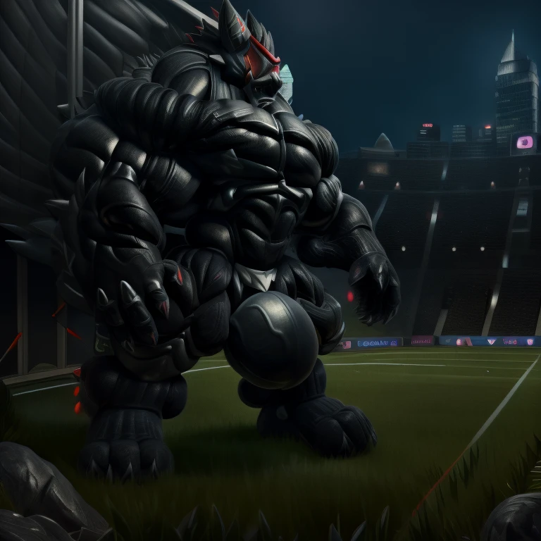 8K, cinderace, red eyes, (posing:1.3), (soft shading), detailed hands, ((detailed face, (detailed eyes:1.0), detailed)),
soccer field, grass, MONSTER ball, stadium, (masterpiece, best quality, detailed:1.2) detailed full body, 8K, muscular! Commission for High Res, unusually developed muscular body,
body full of huge muscles. pectorales enormes.
Exaggeratedly huge muscles.
Gigachad Muscular,
Masterpiece, highres, wearing crNanosuit,crNanosuit, strong and imposing, Spread wings, It has wings. have big wings. in a night city, futuristic city, nj5furry, The claws are sharp, Sharp teeth, long legs, black wings, black visor, black ARMOR, nj5furry, hyper penis (black color), long legs, A man in stylish armor cinderace, giant titans.
