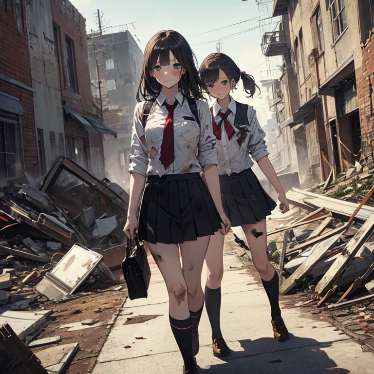 A group of  female students, (in ruins), various hair styles, harem, post apocalyptic, details face, short skirt, seducing, school uniforms, dirty body, shattered glass, torn clothing 