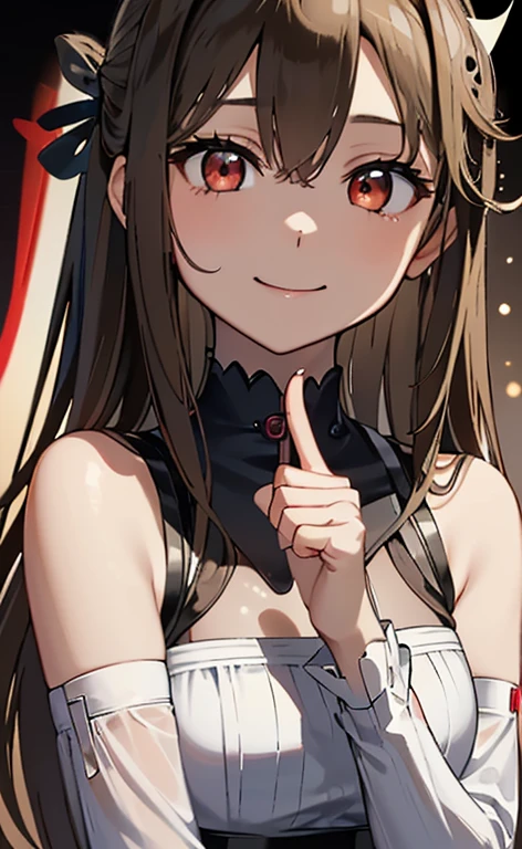 (Photorealistic:1.4)、(asuna,20-year-old:1.5),(masterpiece、lens flare:1.5、spot light:1.2、Exquisite beautiful eye:1.5,portlate),(kind eyes、tareme:1.2),(Demure:1.2)
、Cute Face、 3D Face、(light brown hair:1.5)、(straight hair sidelock:1.3),(1 woman)、(Red eyes:1.2)、(upper body:1.5))、(fingersmile:1.5)、(head tilt) ,(Cute face:1.2),(flat chest),(half closed eyes:1.2),kind face,(neck holder white red lace gothic ta dress),(black background:1.5)、(glowing eyes:1.3)、()、 Neat and clean、Adorable、Slim Body(Tareme:1.5),Shiny Hair、(Glowing pink Skin)、Nijisketch,Manga,beautifuljapanesewoman
