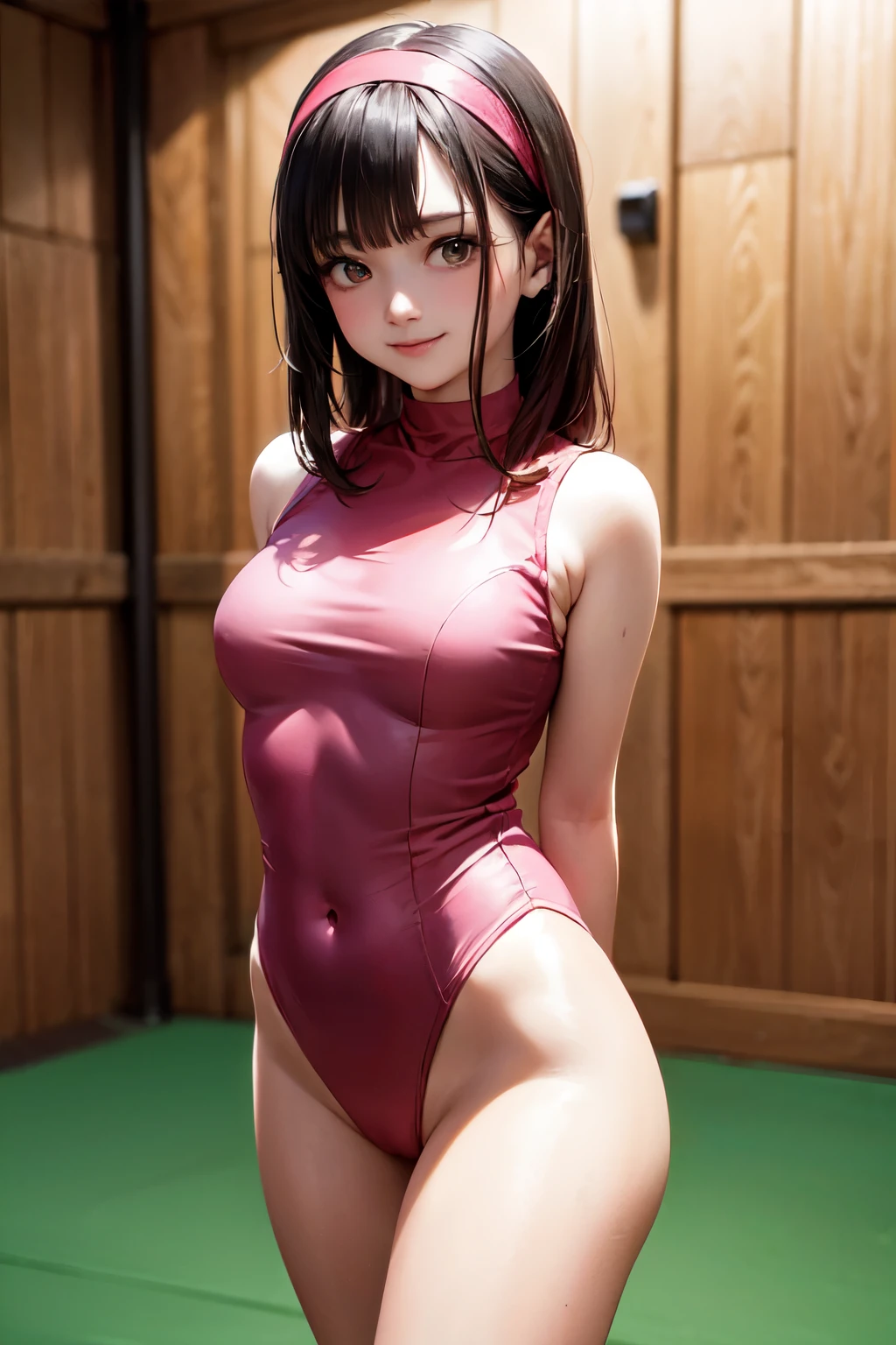 very cute and beautiful girl,(highly detailed beautiful face),(pink leotard:1.2),sleeveless,(smile:1.3),blush,shy, standing near training mat in wooden gym,arms behind back,cowboy shot,hair band,black hair,looking at viewer, (best quality,masterpiece),absurdres,highres,ultra-detailed,extremely detailed,32k,8k resolution, intricate details,cinematic scene,detailed background,solo,dynamic angle,