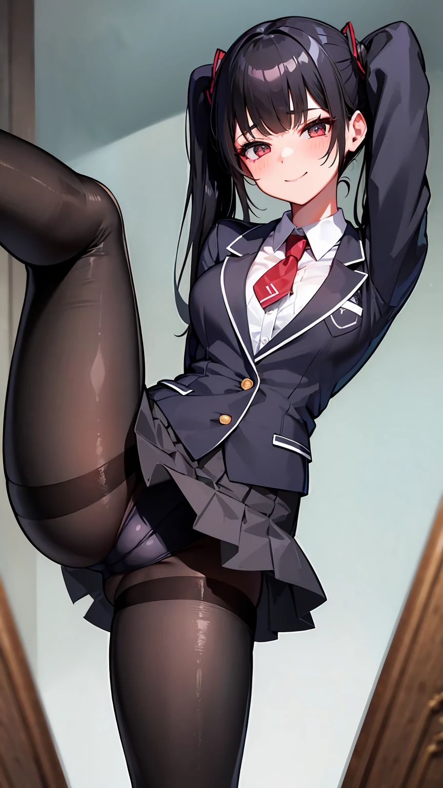 One Girl, Five Fingers, mini skirt, Looking down at the viewer, Twin tails, highest quality, Focus on the thighs, Dynamic pose, smile, blazer, blouse, Black Pantyhose, panties under pantyhose, Standing Split, classroom, Black Hair, Stylish pose,Thick thighs、My crotch is steamy 、Spread your legs