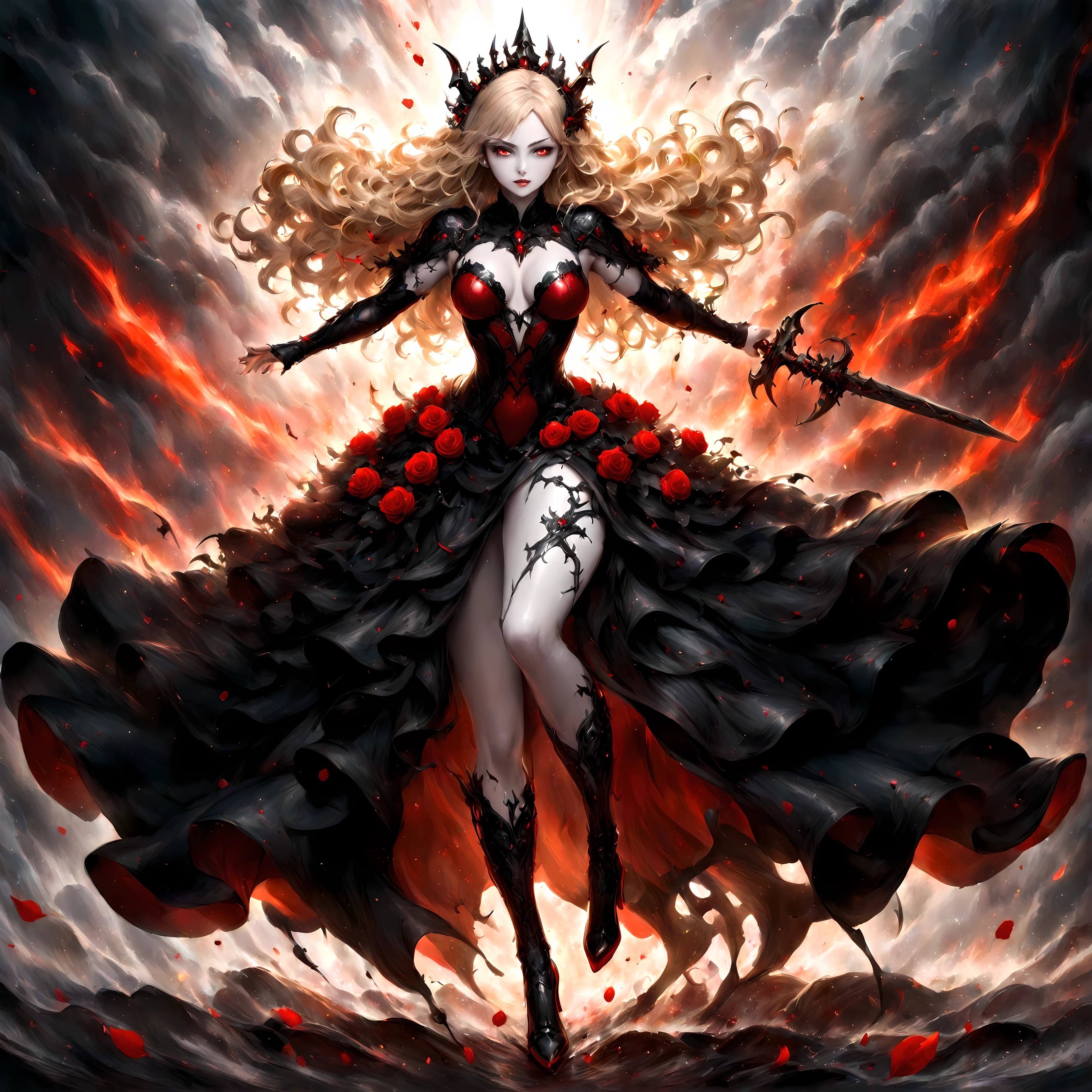 modisn disney, Arafed, action shot, Dark fantasy art, fantasy art, goth art, a picture of a female vampire, exquisite beauty, full body shot, dark glamour shot, pale white skin, blond hair, long hair, wavy hair, (glowing grey: 1.3) eyes, she wears a (red: 1.3) red thigh suit, ArmoredDress, she holds a sword in hand, (ready for battle: 1.4) , the roses are imprinted on the suit (black: 1.4) black roses, high heels, dark castle, dark, black and color, Dark Art Painting Style, flower dress, betmd