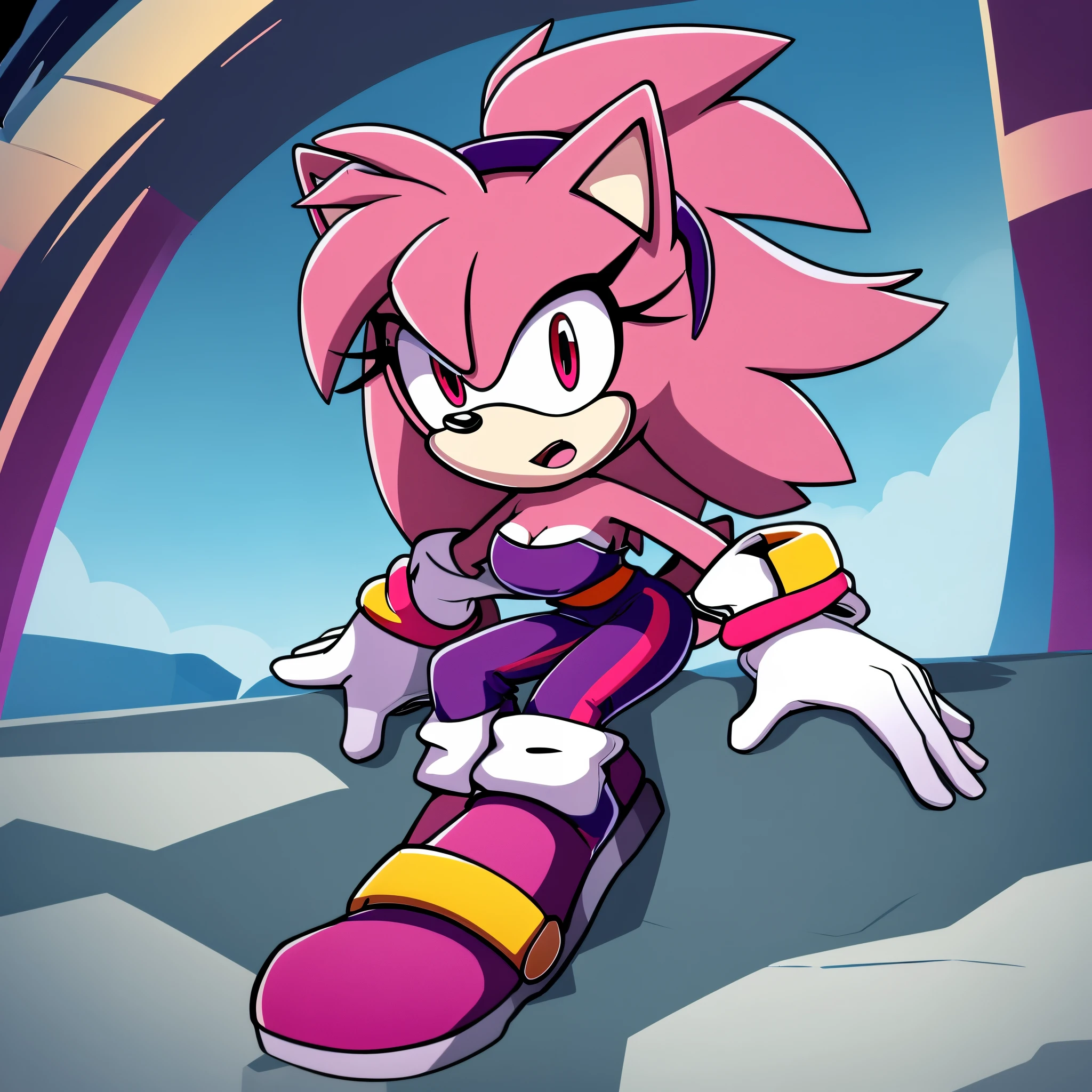score_9, score_8_up, 2D, flat color, looking at viewer, (1girl), (solo), very detailed, extremely detailed, female, mobian, hedgehog, possible daughter of Amy and Shadow, Maria Rose from the sonic the hedgehog series, portrait, sound lines, makeup, light on the lipstick, quills curved up, red stripes, 3 large hair bangs, side locks, hair over shoulders, medium breasts, pink fur, red eyes, pinkish tan muzzle and inner ears, fluffy white chest fur, red patches of fur around eyes, strapless white short jumpsuit with purple stripes on the side, purple tube top, long gloves, purple rocket boots with a white stripe down the middle, purple soles, stoic expression