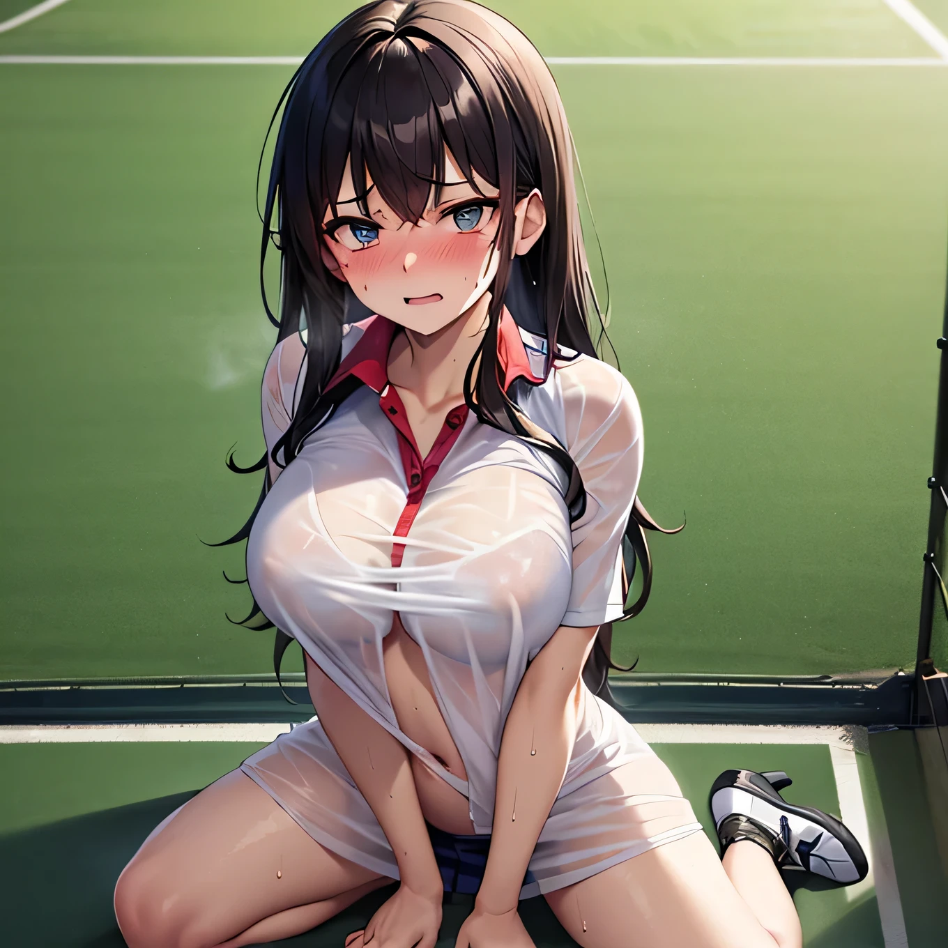 best quality,ultra-detailed,high resolution,extremely detailed CG,perfect anatomy,detailed,cinematic lighting,beautiful detailed eyes,ultra high res,(1girl),15years old,gleaming skin,oil skin,sweat,humid,trembling,strong light coming in,spot lighting,bright,revealing,(sharp eye:1.2),(scowl:1.1),(stare at viewer with stern eyes:1.5),nose blush,(shamefull:1.2), surprised, (embarrassed,blush:1.3),nsfw,(ecstasy:1.3) ,(slut:1.2),(vulgarity:1.3),(fucked silly:1.1),(steam:1.1),(wet:0.8),(trembling:0.8),(tears:0.7) ,(drooling:0.6),(sweat:0.8),(nsfw:1.2),(Tennis uniform:1.2),(Young:1.2),Japanese,(Tennis court:1.2),large breasts,(Random Hairstyles:1.2),Bold Pose,(full body:1.2),skirt,(Sheer tops:1.5),(bra),Shyness