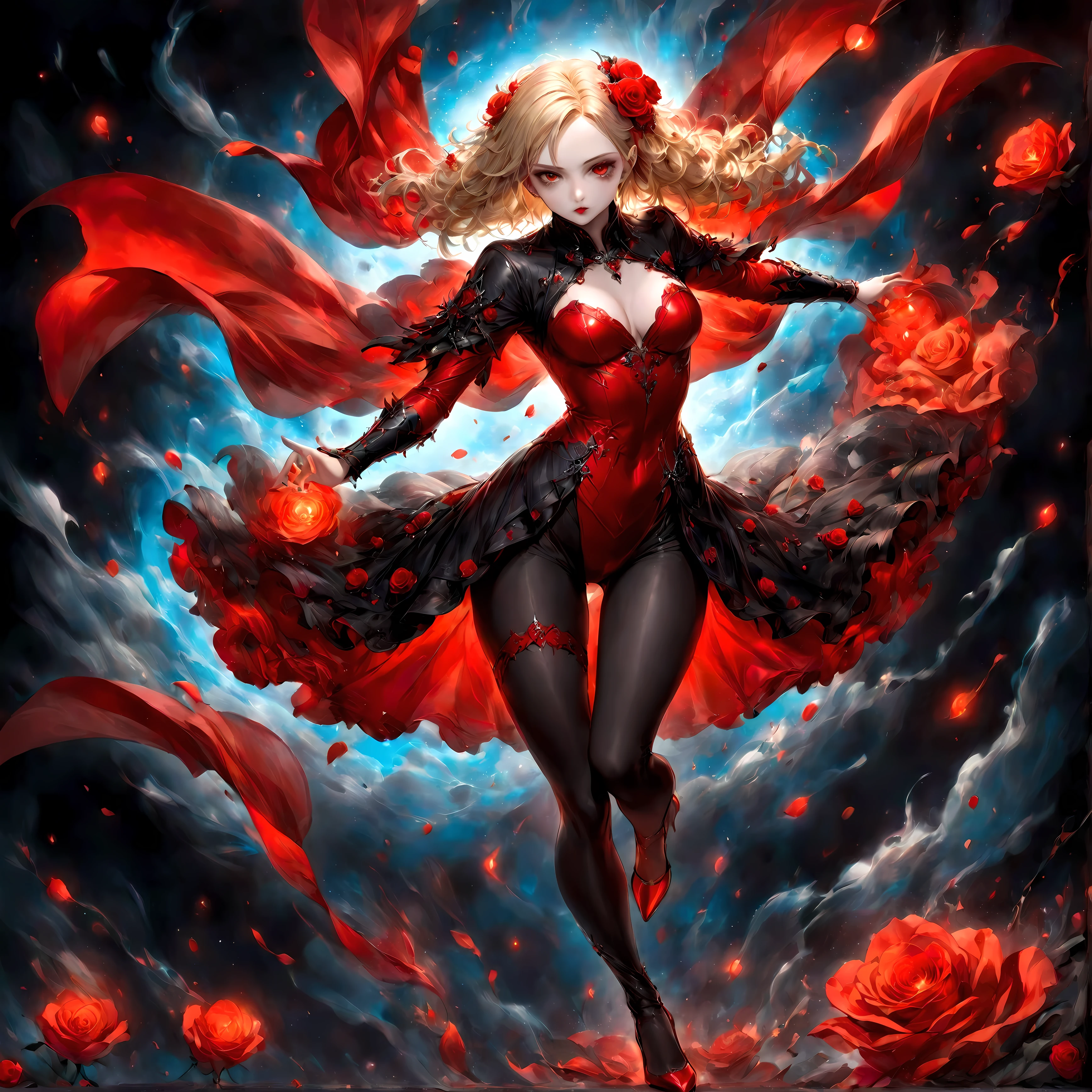 modisn disney, Arafed, action shot, Dark fantasy art, fantasy art, goth art, a picture of a female vampire, exquisite beauty, full body shot, dark glamour shot, pale white skin, blond hair, long hair, wavy hair, (glowing grey: 1.3) eyes, she wears a (red: 1.3) red thigh suit, ArmoredDress, she holds a sword in hand, (ready for battle: 1.4) , the roses are imprinted on the suit (black: 1.4) black roses, high heels, dark castle, dark, black and color, Dark Art Painting Style, flower dress, betmd